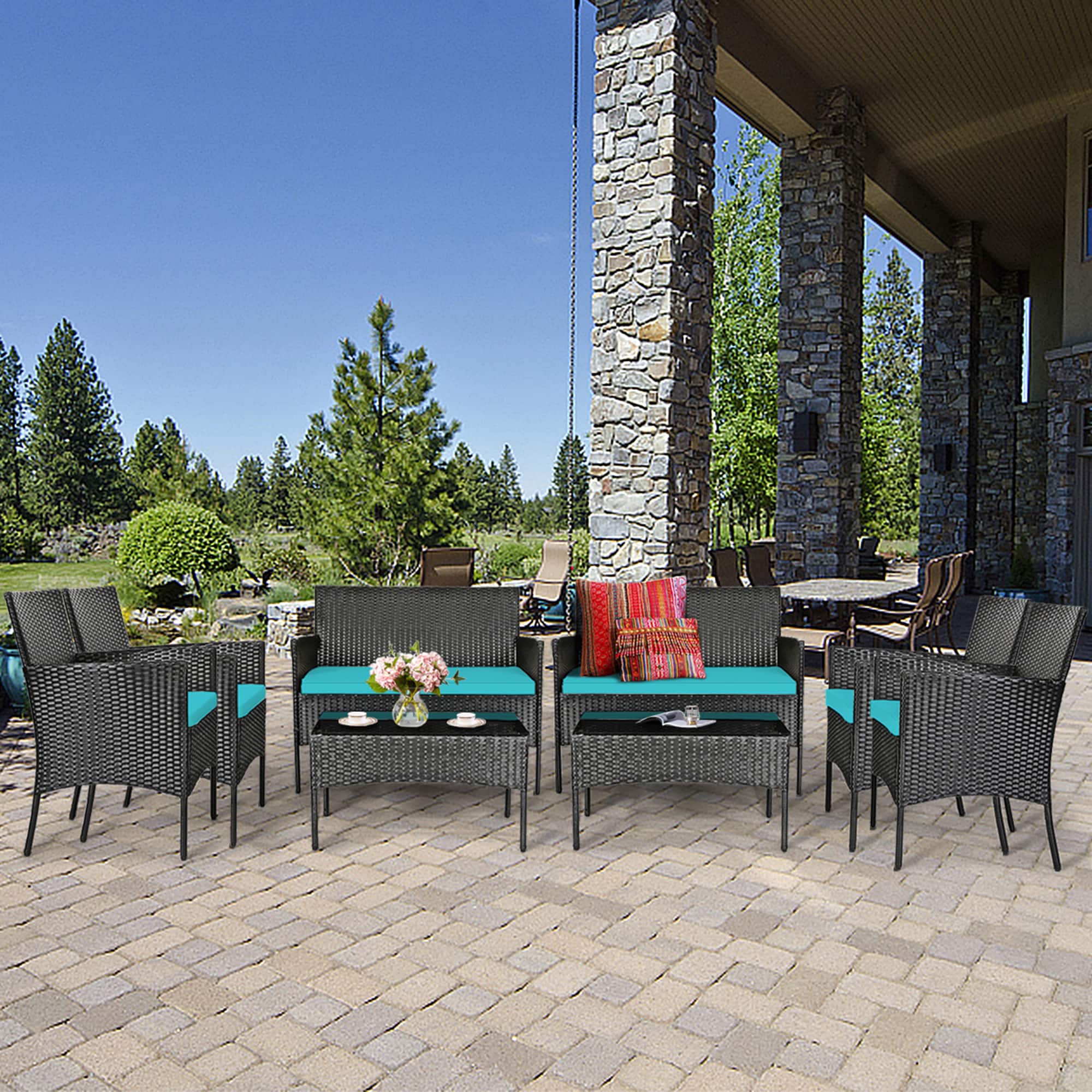 Gymax - 8PCS Outdoor Furniture Set Patio Rattan Conversation Set w/ Cushion - Turquoise price history on PriceWatchPro