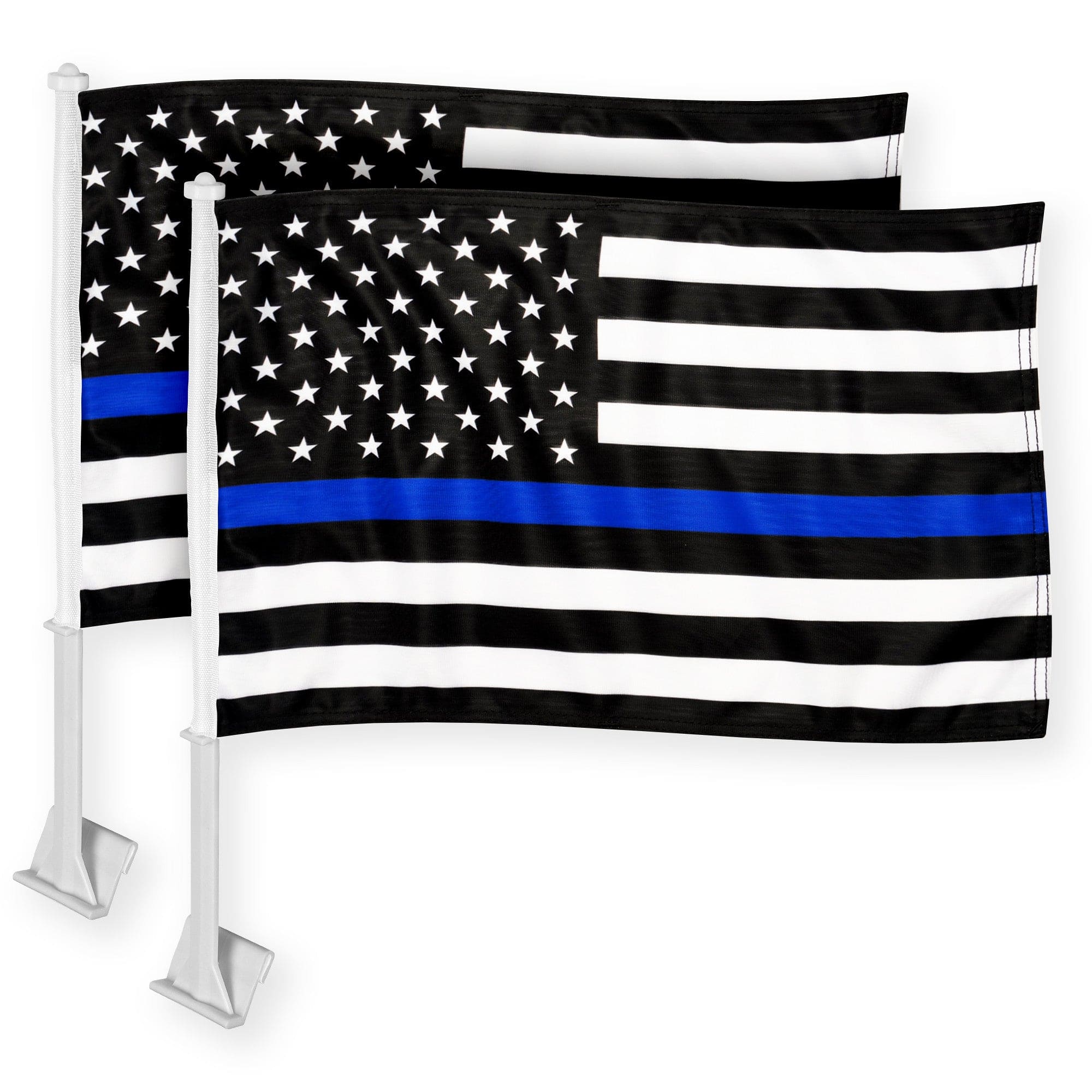 G128 - 2-Pack Thin Blue Line Car Flags with Flagpoles, 11 x 17 in — Double-Sided 150D Polyester - Assorted Colors