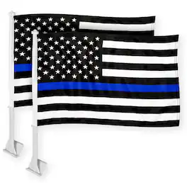 G128 - 2-Pack Thin Blue Line Car Flags with Flagpoles, 11 x 17 in — Double-Sided 150D Polyester - Assorted Colors
