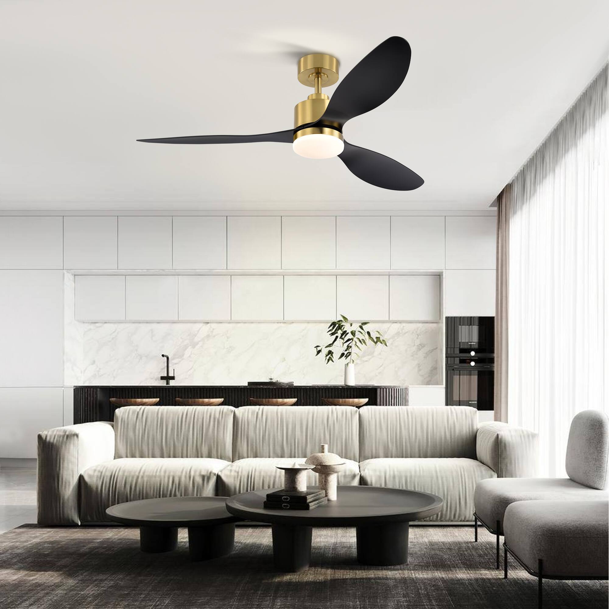 Back. Breezary - 52" Indoor Ceiling Fan, 3 ABS Blades, 6-Speed DC Motor, Remote Control, Memory/Timer, 3-Color LED Light, 5"/10" Downrods - Gold and Matte Black.