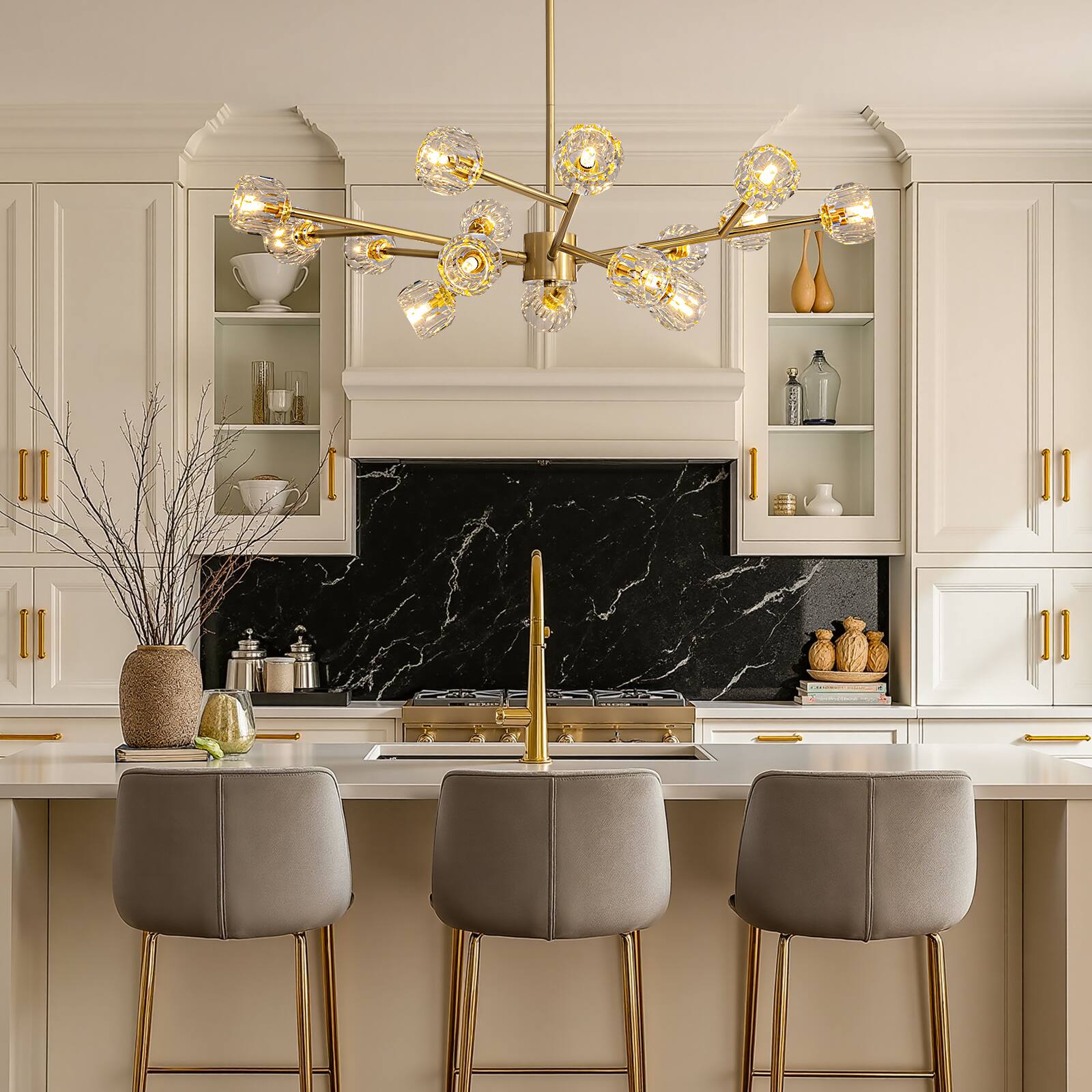 Left. Siljoy - 39.4-In Modern Sputnik Chandelier 15-Light Football Shaped Lamp Heads for Bedroom Dining Room Foyer Kitchen Living Room - Gold.