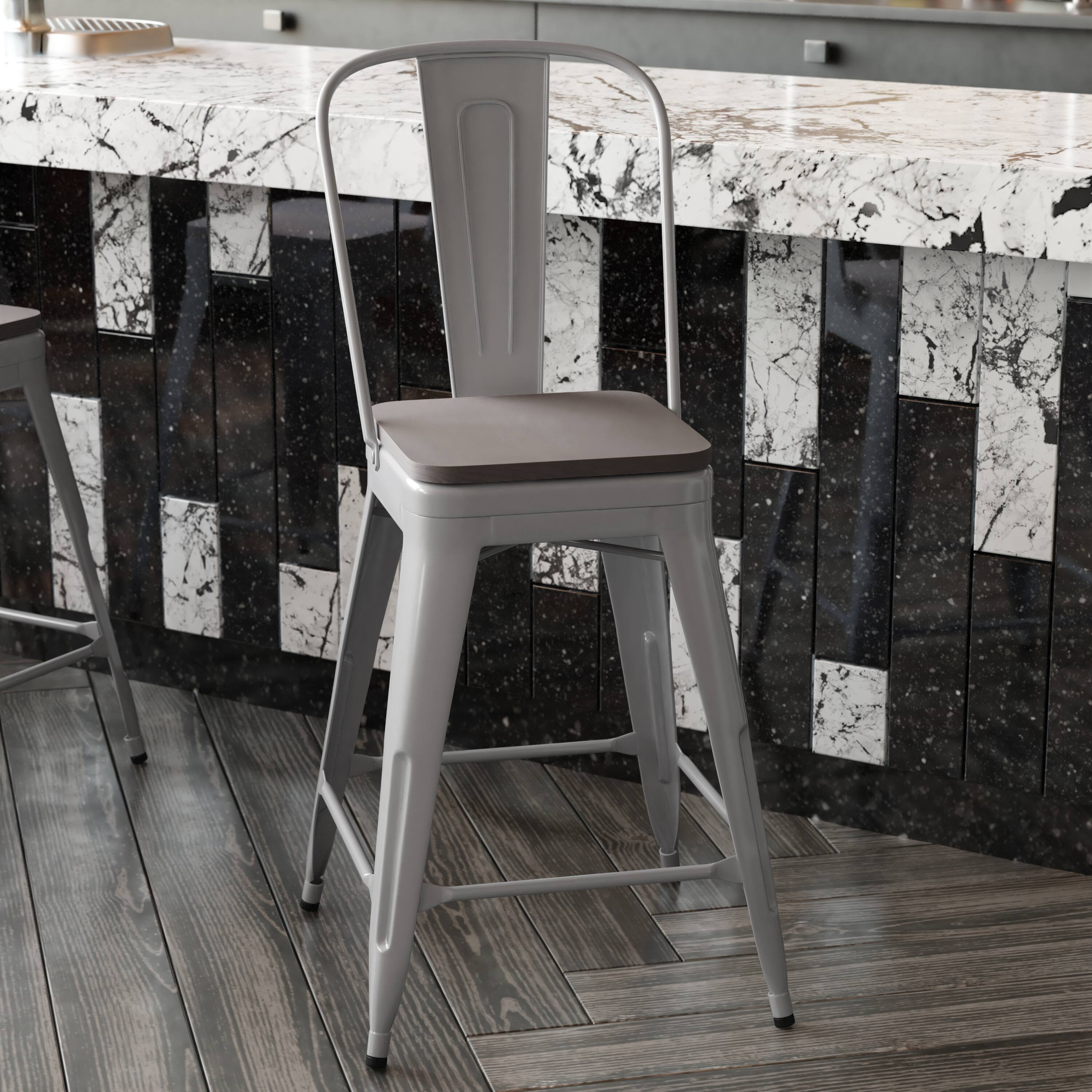 Alt View 4. Emma + Oliver - Kam Metal Indoor-Outdoor Stool with Removable Back and All-Weather Polystyrene Seat - Gray Seat/Silver Frame.