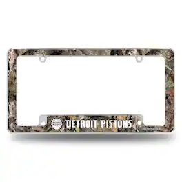 Rico Industries - Detroit Pistons Chrome Metal License Plate Frame with Bold Mossy Oak Camouflaged Camo Design - Multi