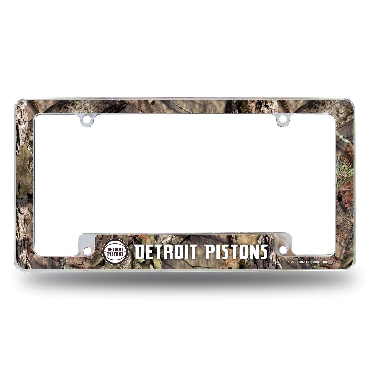 Detroit Pistons Chrome Metal License Plate Frame with Bold Mossy Oak Camouflaged Camo Design