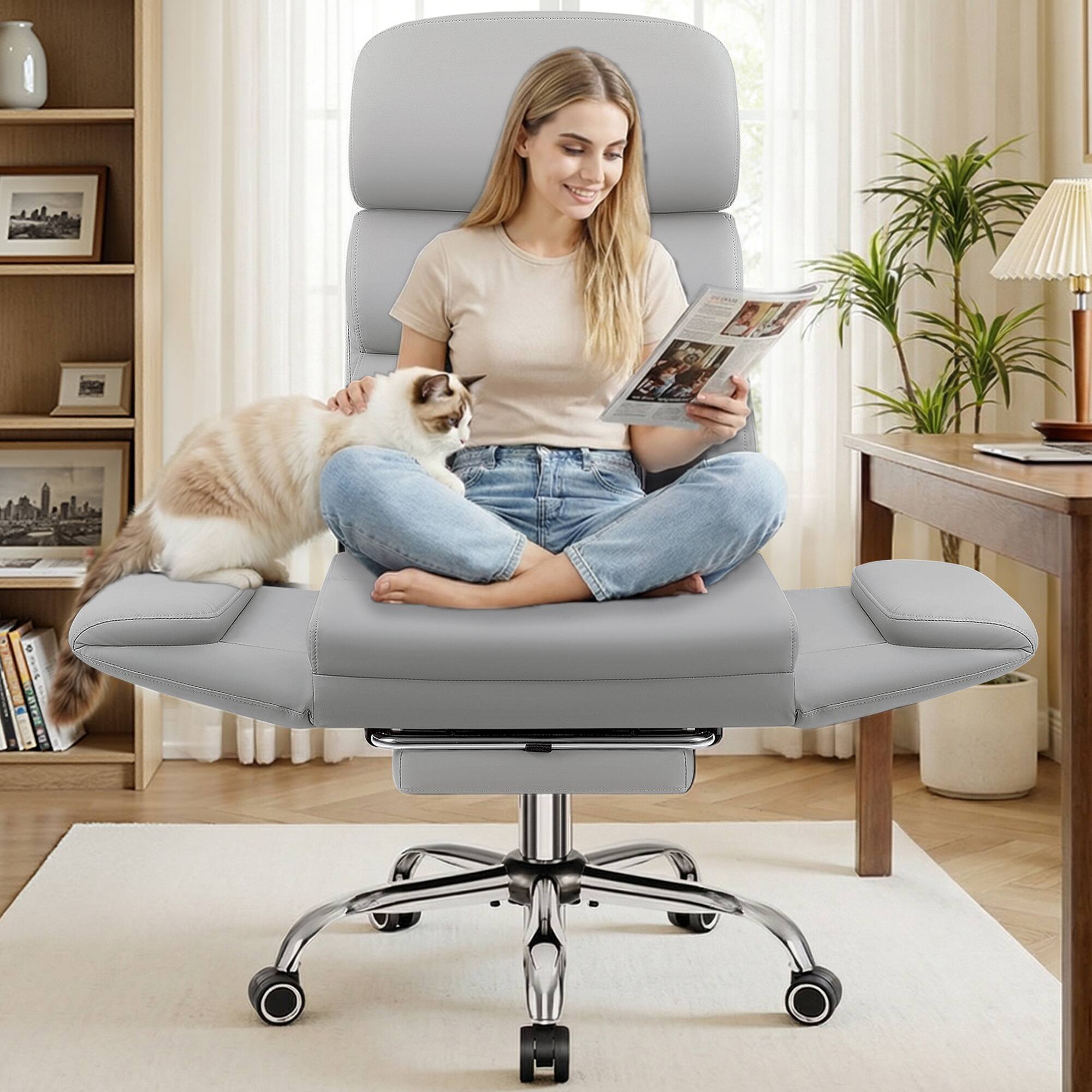Alt View 6. KERDOM - Big Tall Office Chair with Reversible Arm, PU Leather Executive Manager Boss Chair with Lifting Headrest & Lumbar Pillow - Light Grey.