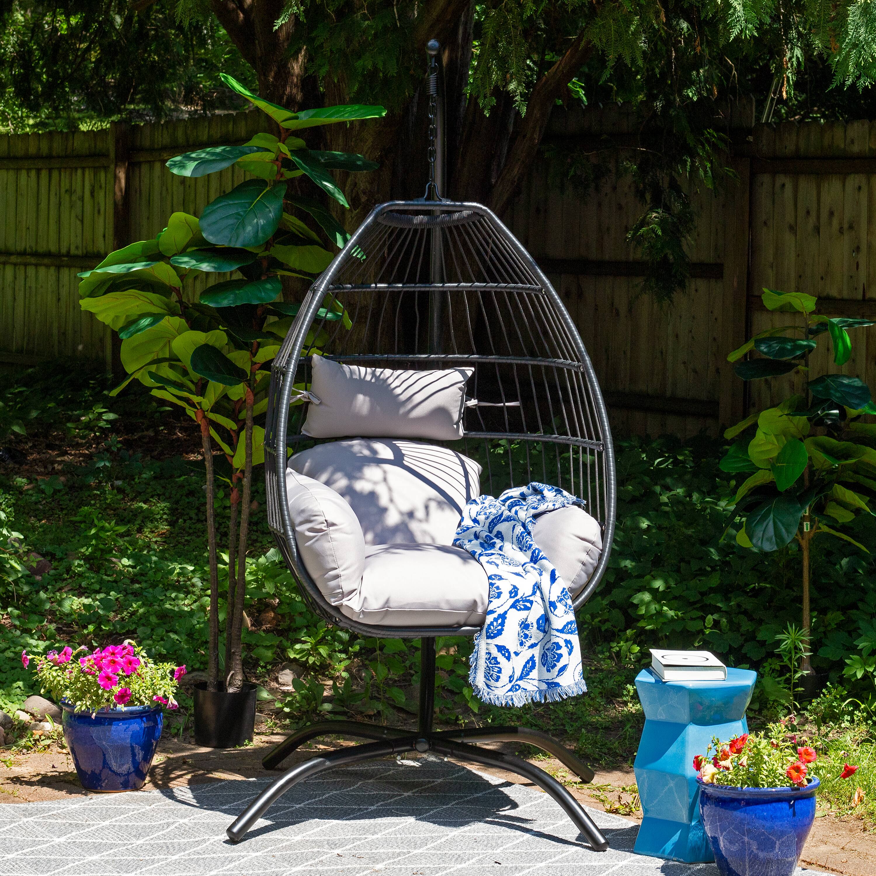 Alt View 4. Sunnydaze - Resin Wicker Hanging Egg Chair with Steel Stand/Cushions - Black.