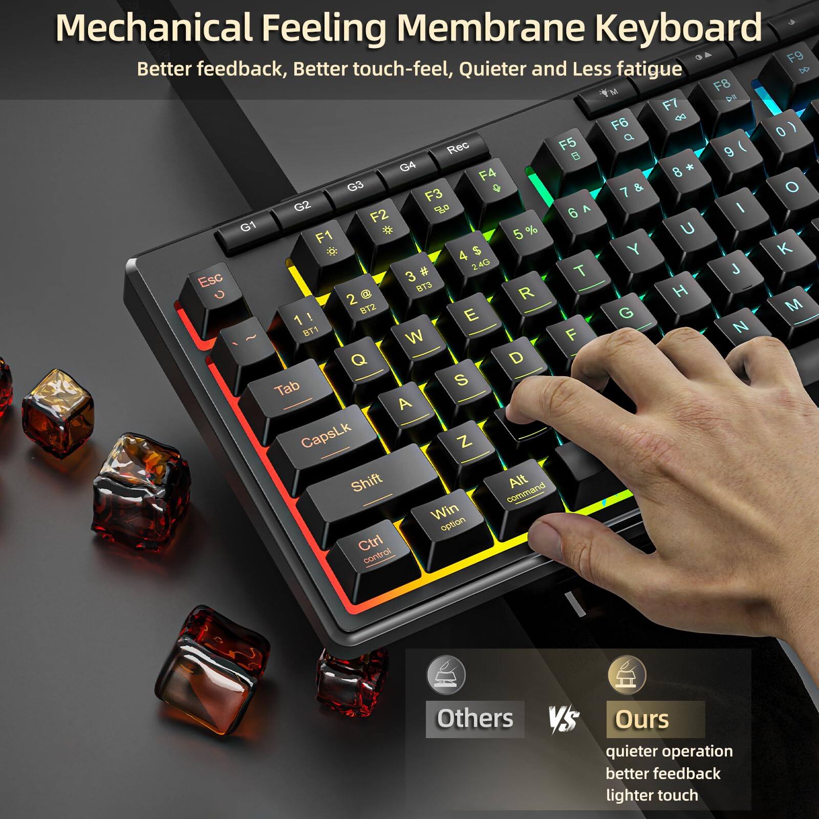 Mechanical Feeling Membrane Keyboard  
Better feedback, Better touch-feel, Quieter and Less fatigue  

Mechanical Feeling Membrane Keyboard  
Better feedback, Better touch-feel, Quieter and Less fatigue  

Others vs Ours  
quieter operation  
better feedback  
lighter touch