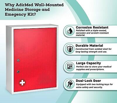 Why AdirMed Wall-Mounted Medicine Storage and Emergency Kit?

- Corrosion Resistant: Polished with a triple-coated, corrosion and scratch-resistant material.
- Durable Material: Constructed from welded steel for long-lasting strength and use.
- Large Capacity: Perfect size to store your medical supplies and prescriptions.
- Dual-Lock Door: Equipped with two locking keys for extra safety and security.