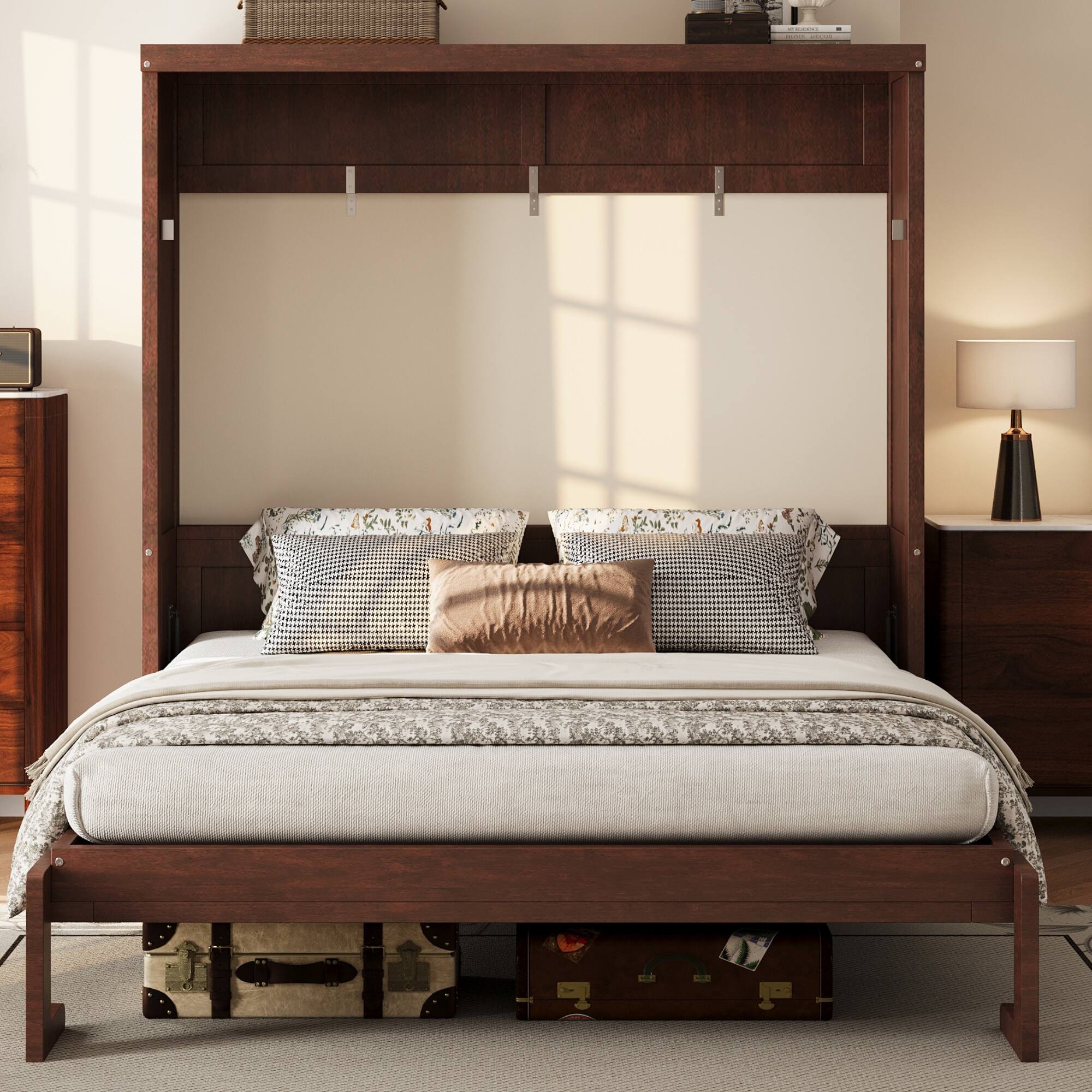 Angle. Whisen - Full Size Murphy Bed with Cabinet, Wood & MDF Foldable Guest Bed, Space-Saving Furniture - Espresso.
