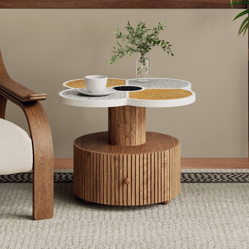 Front. Loheer - Loheer Four-Leaf Clover Side Table Accent Table with Storage Wood-Grain Base Sandstone Texture Small Spaces - Brown.