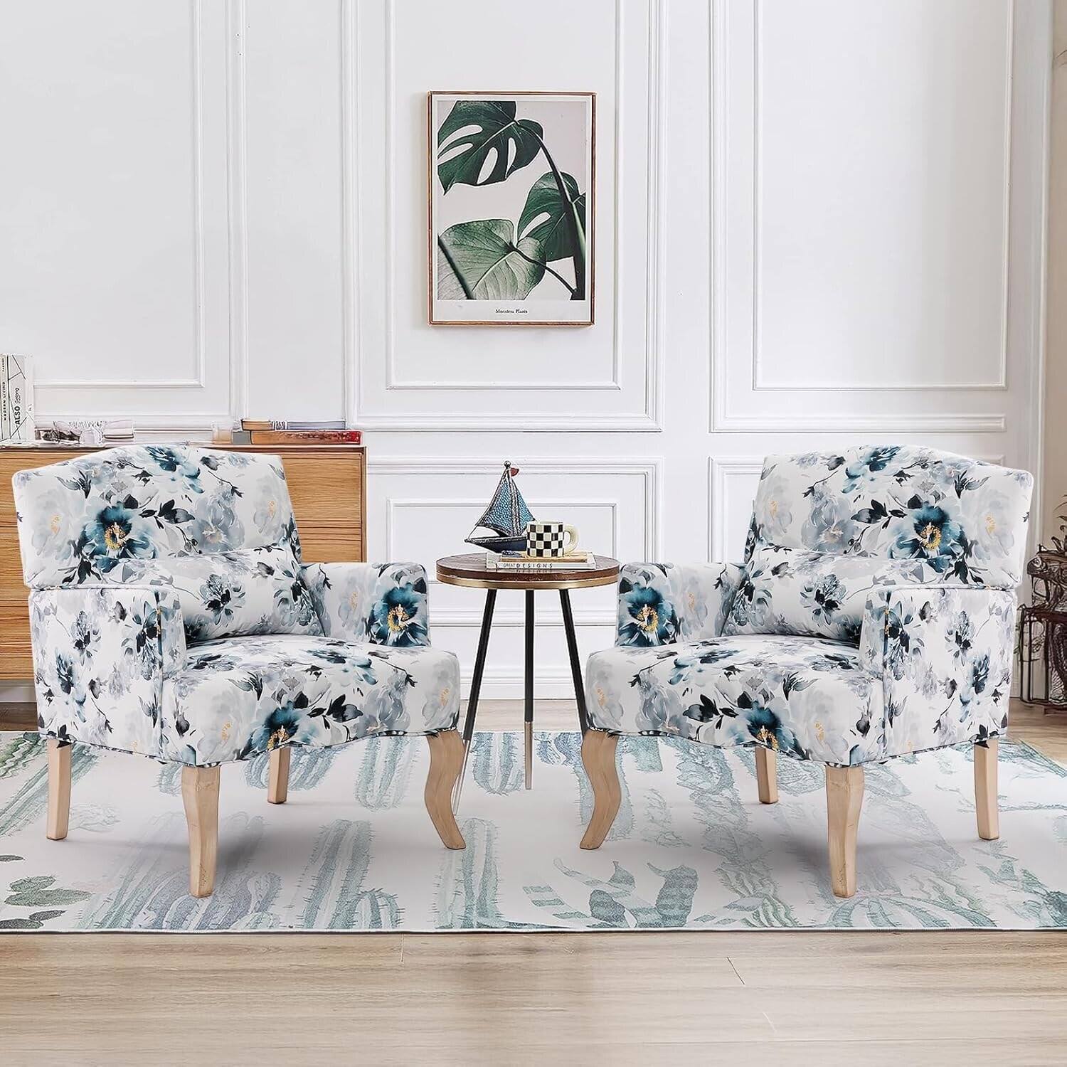 Left. U-HOMY - Mid-Century Accent Chair with Floral Fabric, Solid Wood Frame & High-Resilience Foam for Living Room - Black/Blue.