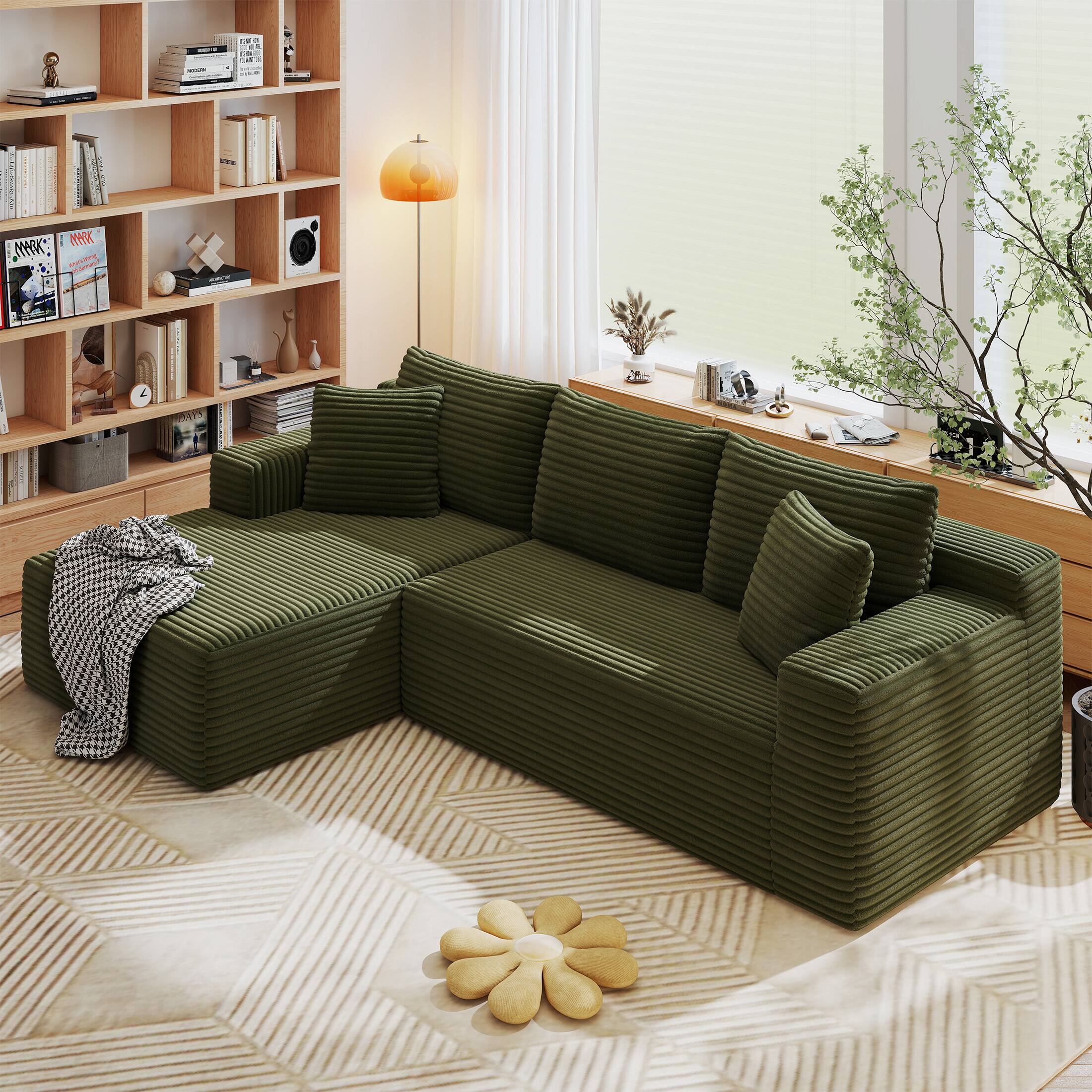 Aukfa - L-Shaped Cloud Sectional Sofa - Deep Seat, No Assembly Required, Modular Sleeper for Living Room & Bedroom - Green