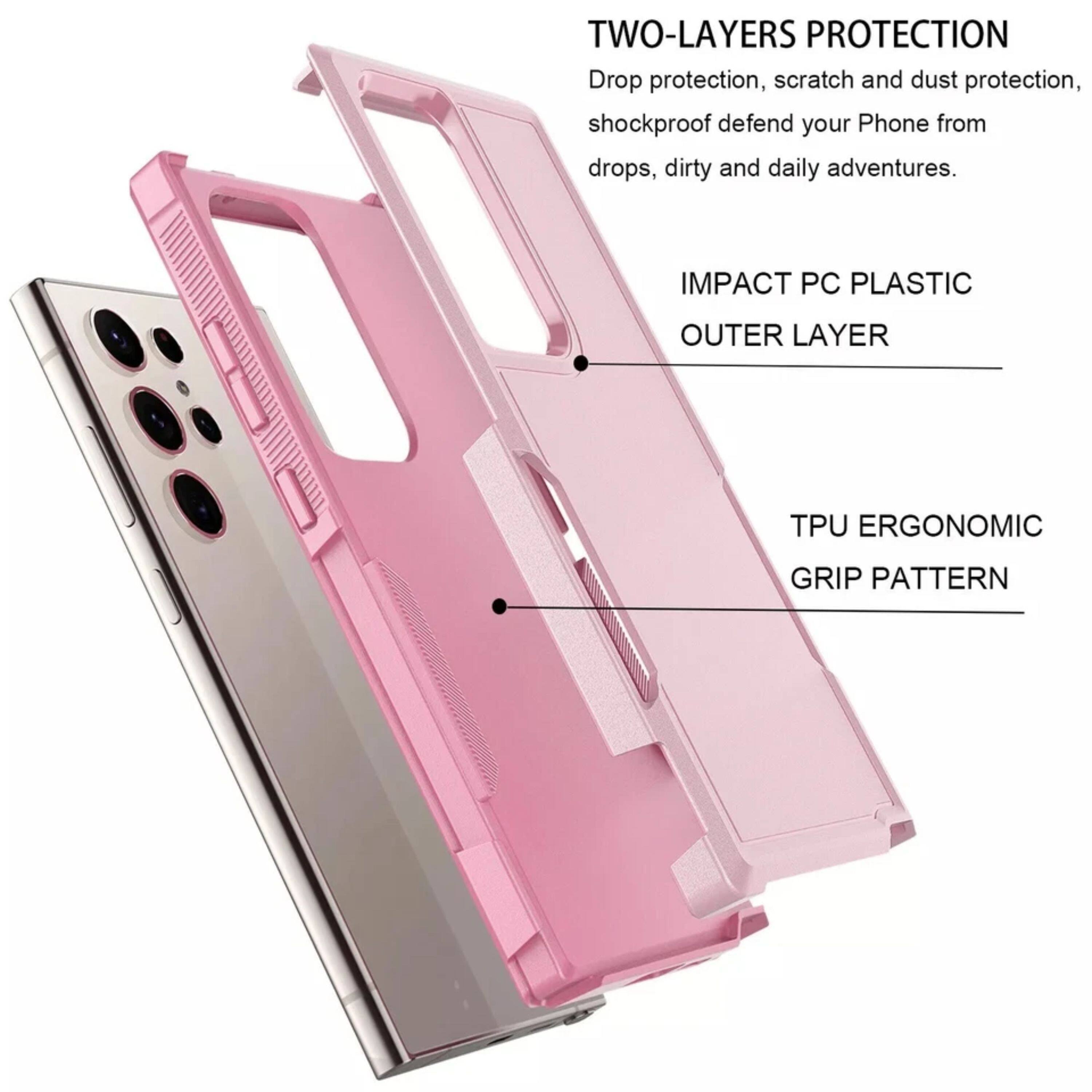 TWO-LAYERS PROTECTION  
Drop protection, scratch and dust protection, shockproof defend your Phone from drops, dirty and daily adventures.  
IMPACT PC PLASTIC OUTER LAYER  
TPU ERGONOMIC GRIP PATTERN