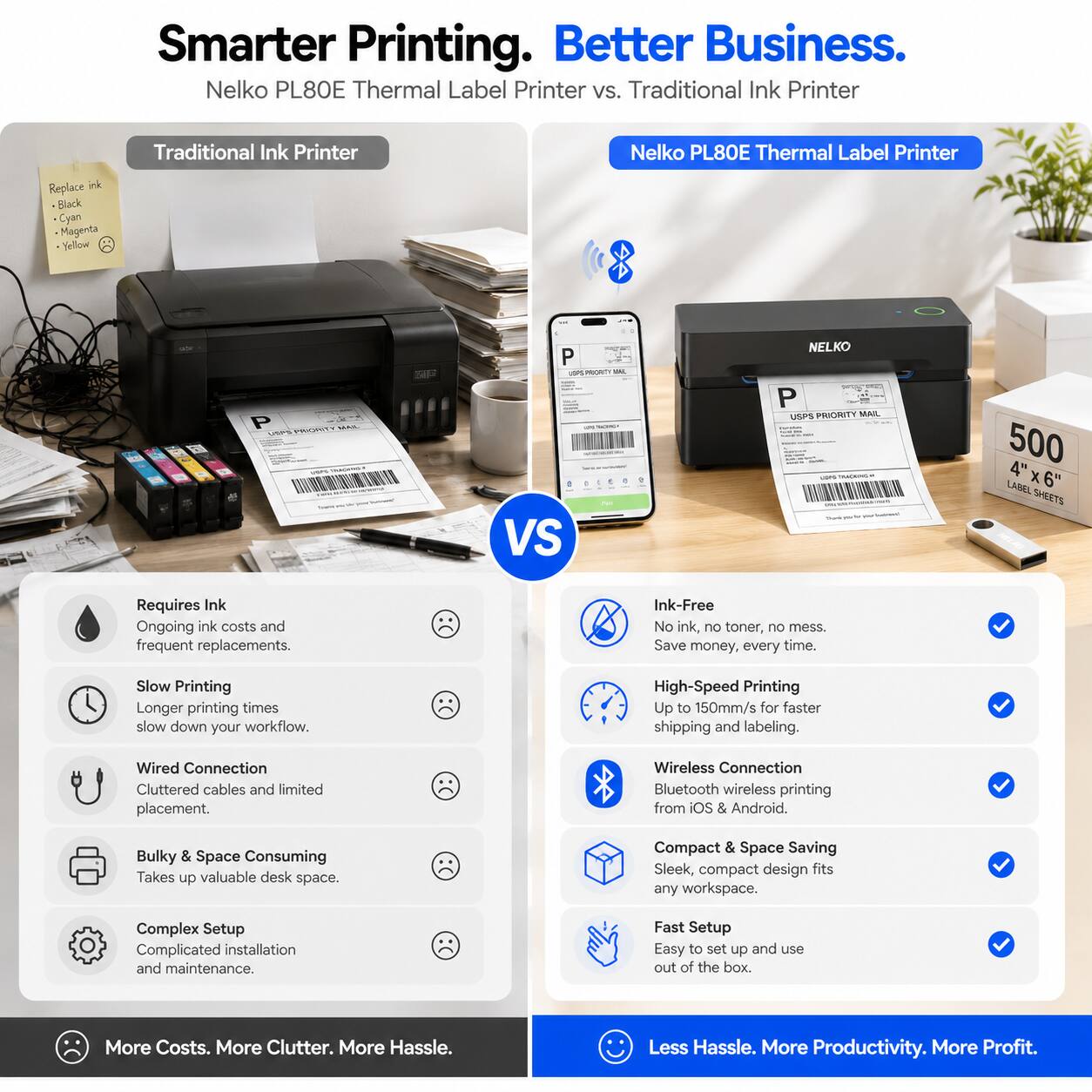 Smarter Printing. Better Business.  
Nelko PL80E Thermal Label Printer vs. Traditional Ink Printer

Traditional Ink Printer  
- Replace ink: Black, Cyan, Magenta, Yellow  
- Requires Ink: Ongoing ink costs and frequent replacements  
- Slow Printing: Longer printing times slow down your workflow  
- Wired Connection: Cluttered cables and limited placement  
- Bulky & Space Consuming: Takes up valuable desk space  
- Complex Setup: Complicated installation and maintenance  
- More Costs. More Clutter. More Hassle.

Nelko PL80E Thermal Label Printer  
- Ink-Free: No ink, no toner, no mess. Save money, every time  
- High-Speed Printing: Up to 150mm/s for faster shipping and labeling  
- Wireless Connection: Bluetooth wireless printing from iOS & Android  
- Compact & Space Saving: Sleek, compact design fits any workspace  
- Fast Setup: Easy to set up and use out of the box  
- Less Hassle. More Productivity. More Profit.