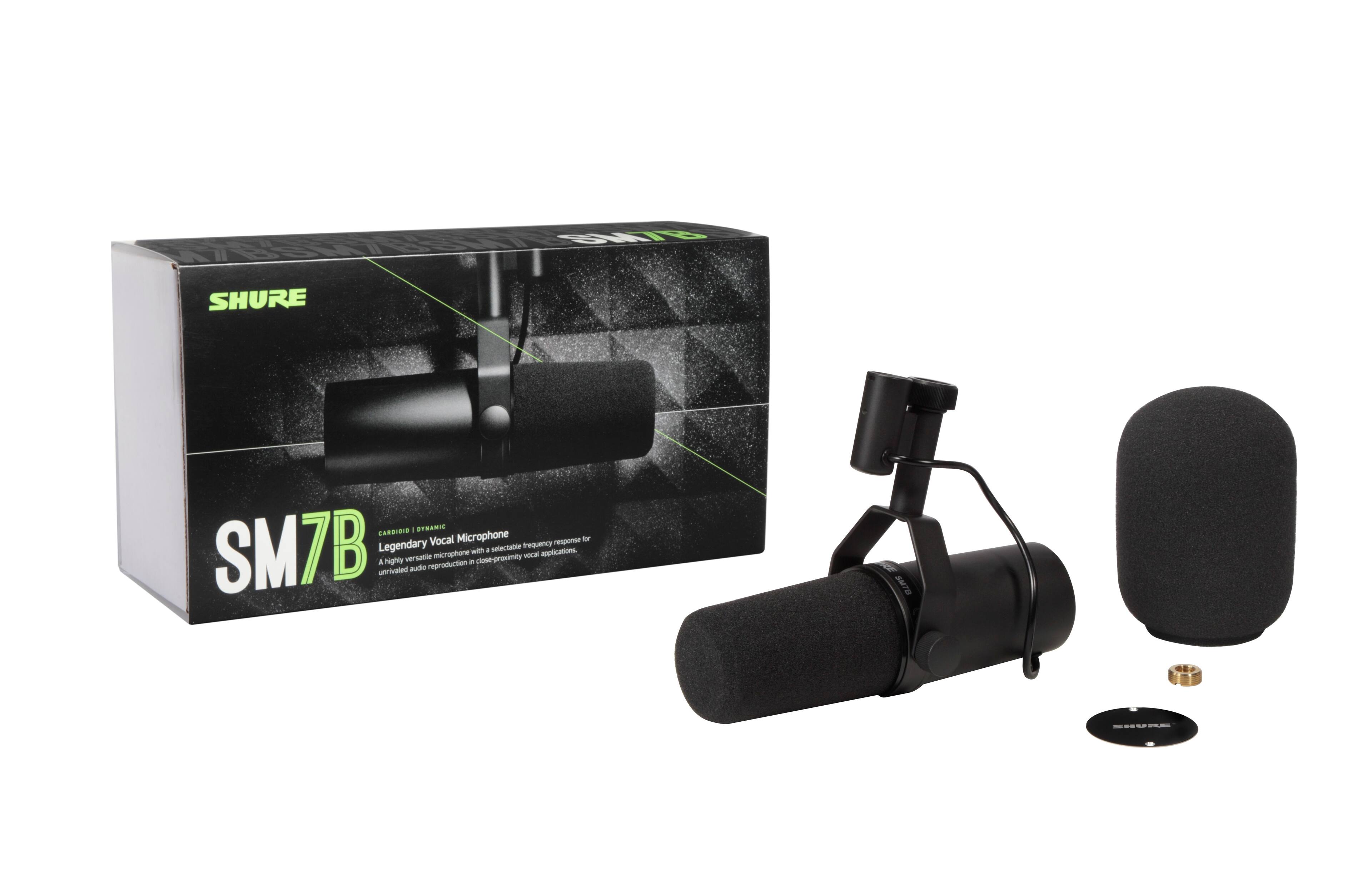 Shure SM7B Vocal Microphone - Frequency Response: 20Hz - 20kHz - Supercardioid Pattern - Legendary microphone with unrivaled audio reproduction - Versatile and close-proximity performance - High-frequency boost - Rugged construction - Includes SM7B microphone, stand adapter, and storage pouch.