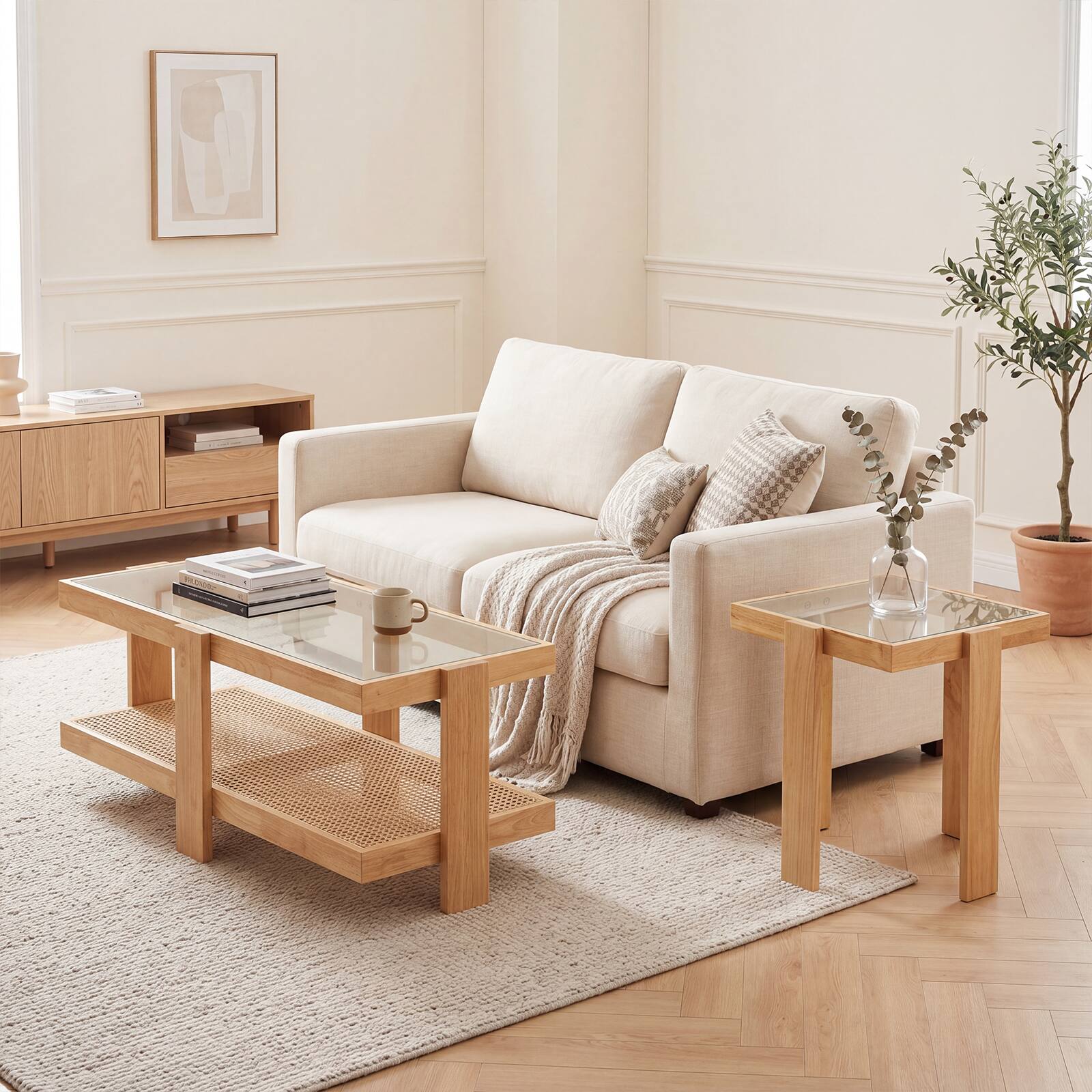 Alt View 4. Costway - Costway Nesting Coffee Table Set of 2, Boho Rattan Accent Table with Tempered Glass Top - Natural.