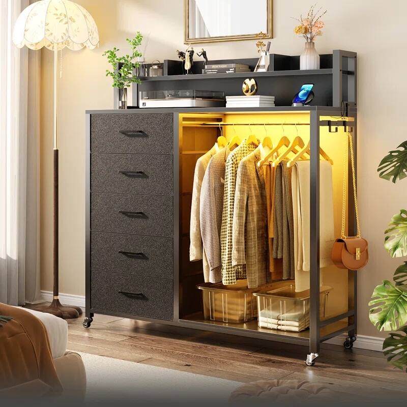 Alt View 4. Aheaplus - Bedroom Dresser with 5 Drawers, Clothes Rack, Shelves, Charging Station, LED Lights & Lockable Wheels - Bedroom/Entryway - Black.