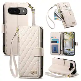Dteck - Zipper Wallet Case for Google Pixel 10 /10 Pro,PU Leather Flip Cover with Wrist Strap,Magnetic Snap Shockproof Case - White