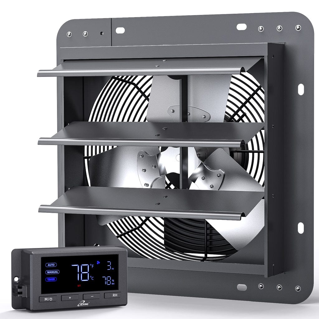 iLIVING - 12" Wall Mounted Shutter Exhaust Fan, Automatic Shutter, Temp & Humidity Control, Variable Speed, 960 CFM DC Motor - Gray