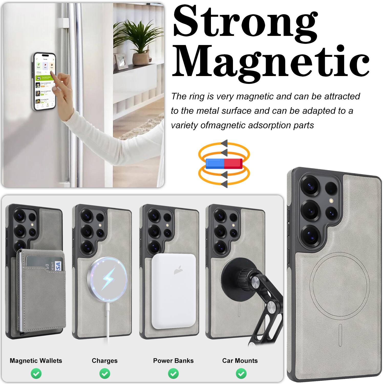 Strong Magnetic  
The ring is very magnetic and can be attracted to the metal surface and can be adapted to a variety of magnetic adsorption parts.

- Magnetic Wallets
- Charges
- Power Banks
- Car Mounts