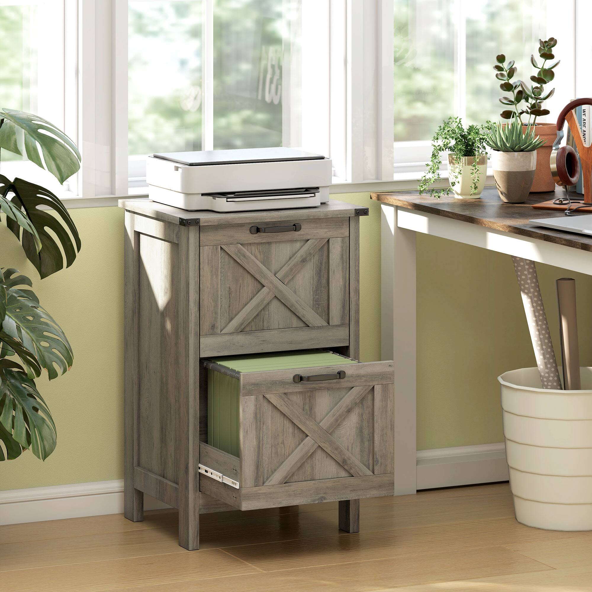 Alt View 8. Homcom - File Cabinet with 2 Drawers, Rustic Farmhouse Office Storage Cabinet for A4, Letter Size - Gray.