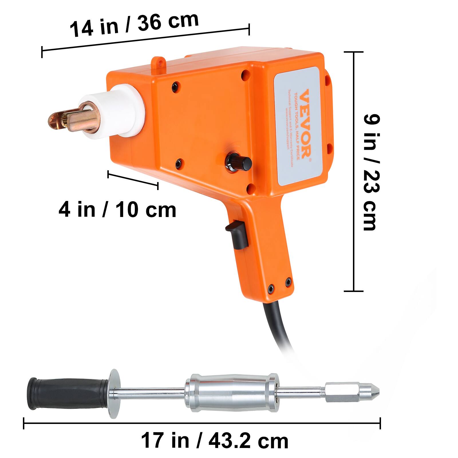 14 in / 36 cm  
4 in / 10 cm  
9 in / 23 cm  
17 in / 43.2 cm  

TOUGH TOOLS VEVOR  
HALF PRICE