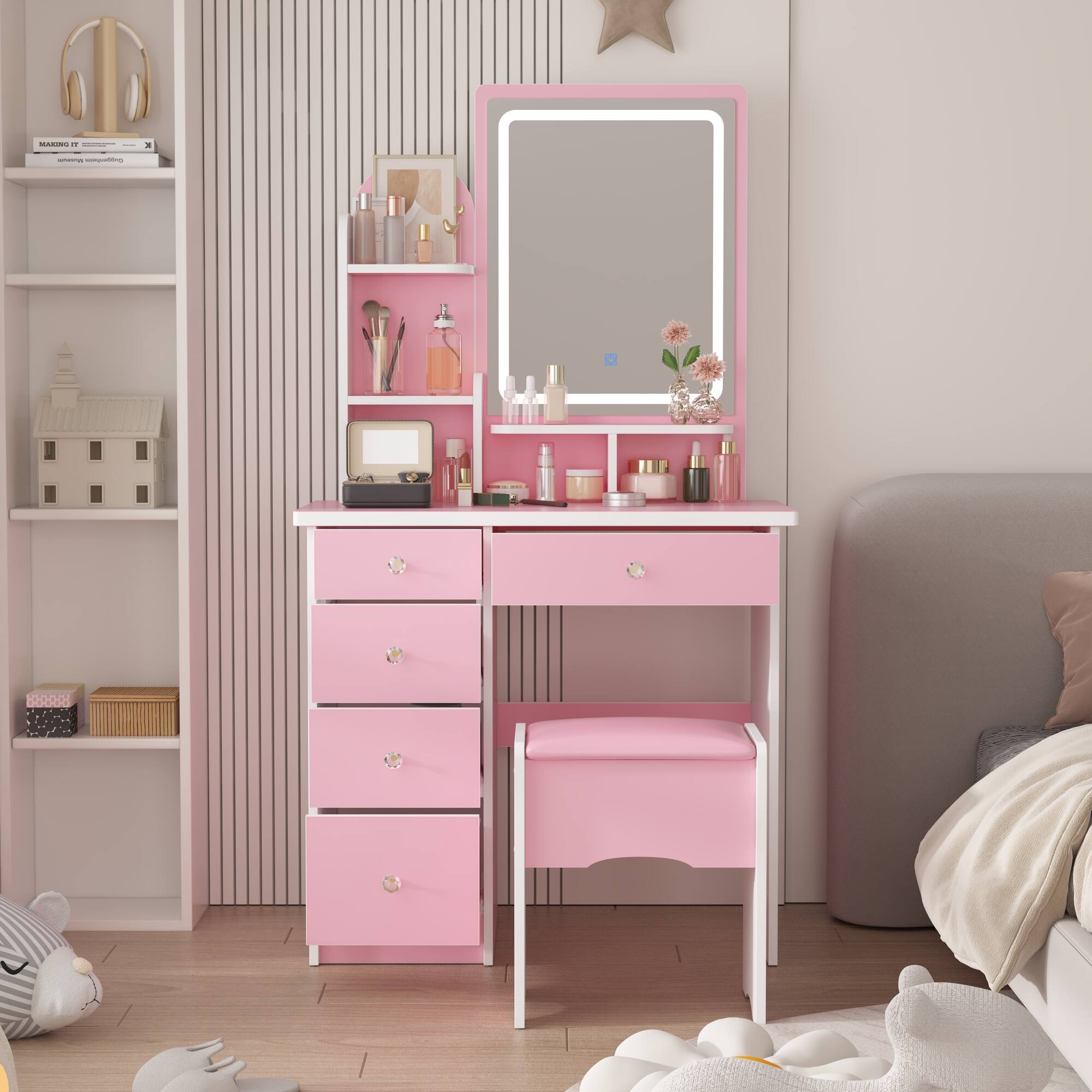 Alt View 6. Famapy - Vanity Table with LED Mirror Storage Dresser Drawers & Stool – Makeup Organizer for Bedroom - Pink.