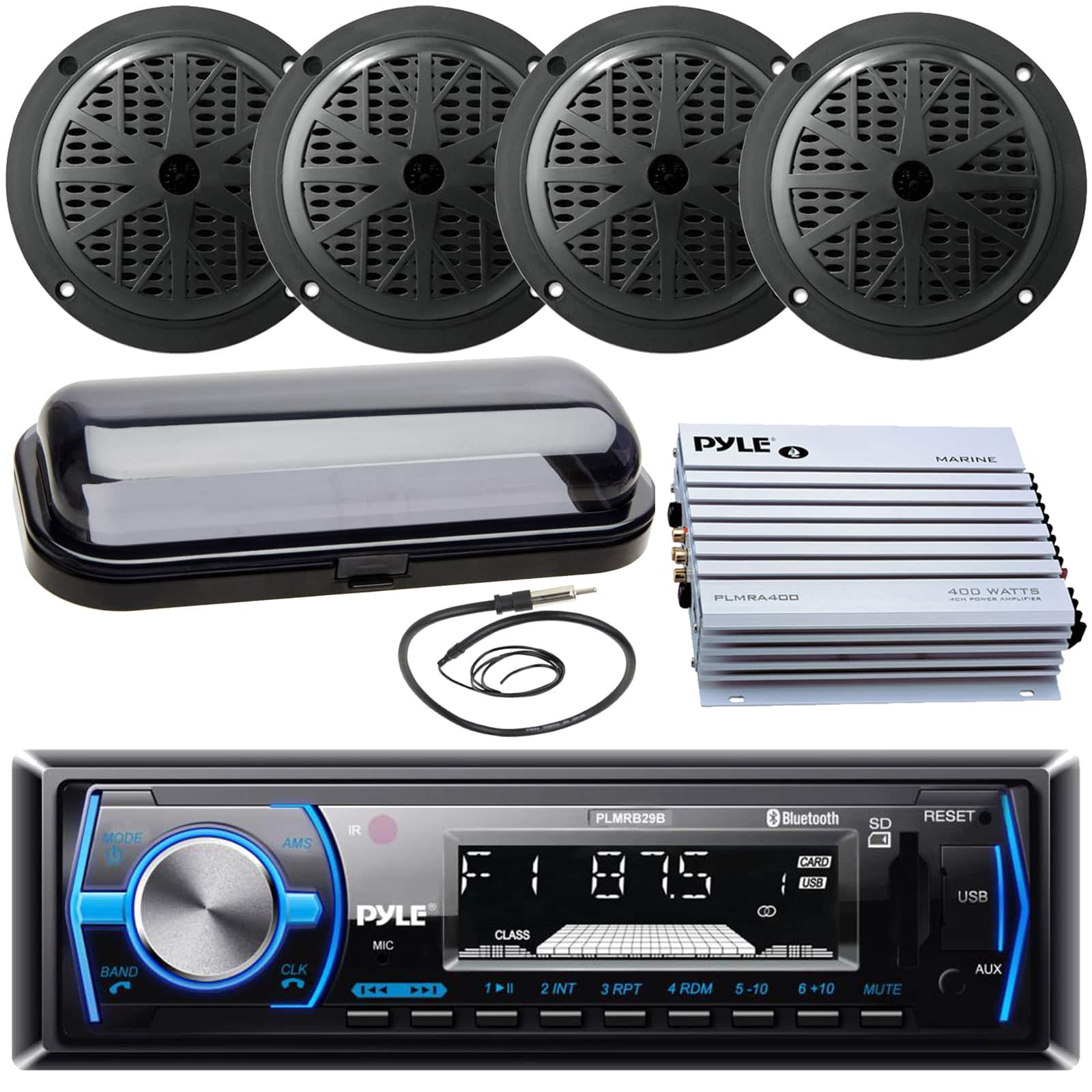 Pyle - Marine Bluetooth AM/FM Stereo Receiver w/Remote, 4x 5.25'' 100W Full Range Speakers, Amplifier, Cover, Antenna