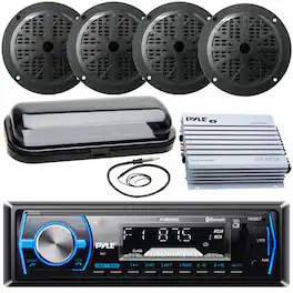 Pyle - Marine Bluetooth AM/FM Stereo Receiver w/Remote, 4x 5.25'' 100W Full Range Speakers, Amplifier, Cover, Antenna