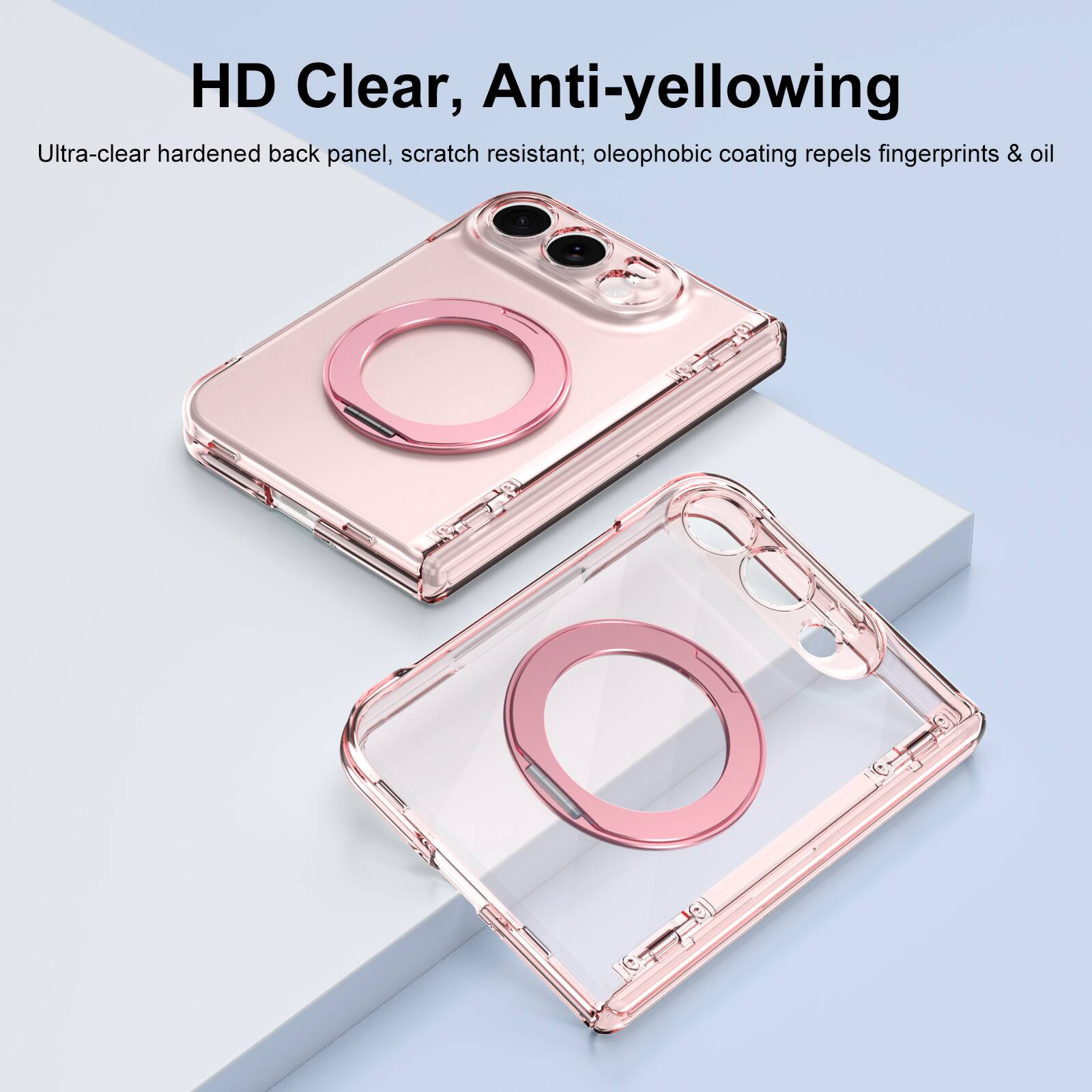 HD Clear, Anti-yellowing  
Ultra-clear hardened back panel, scratch resistant; oleophobic coating repels fingerprints & oil