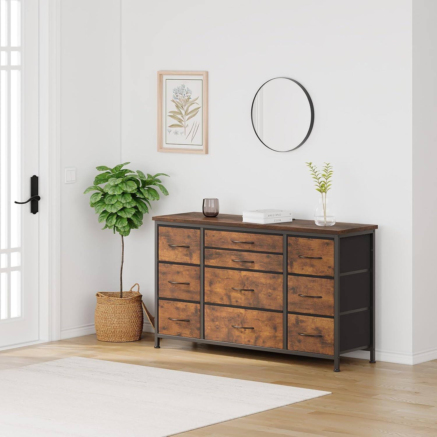 Alt View 2. GARVEE - Fabric Dresser, 10 Drawers, 55" TV Stand, Power Outlet, Wood Top, Metal Frame, Bedroom, Entryway, Closet, Brown - Brown.