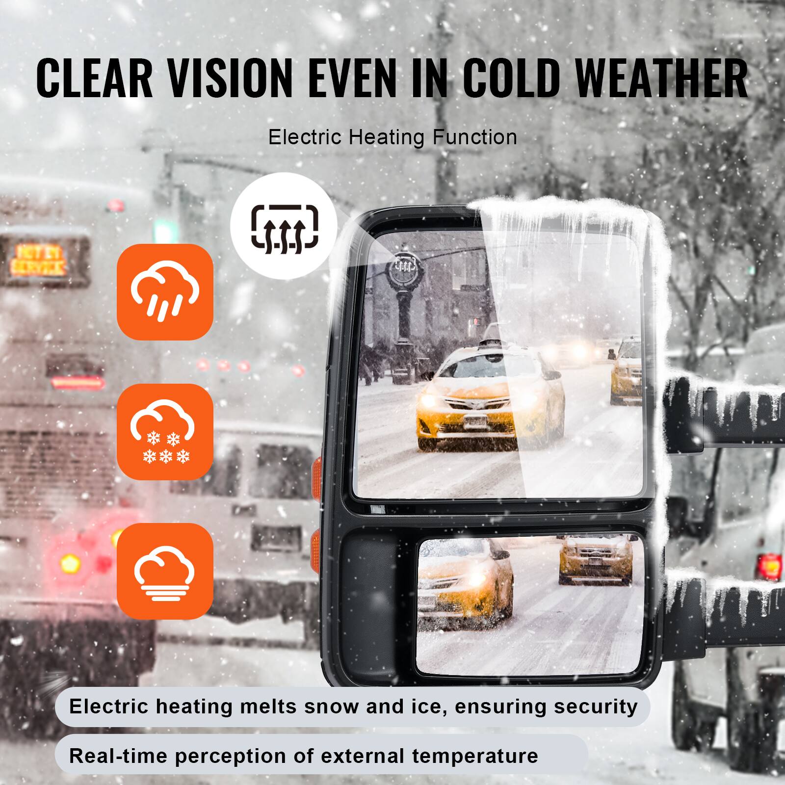 CLEAR VISION EVEN IN COLD WEATHER

Electric Heating Function

Electric heating melts snow and ice, ensuring security

Real-time perception of external temperature