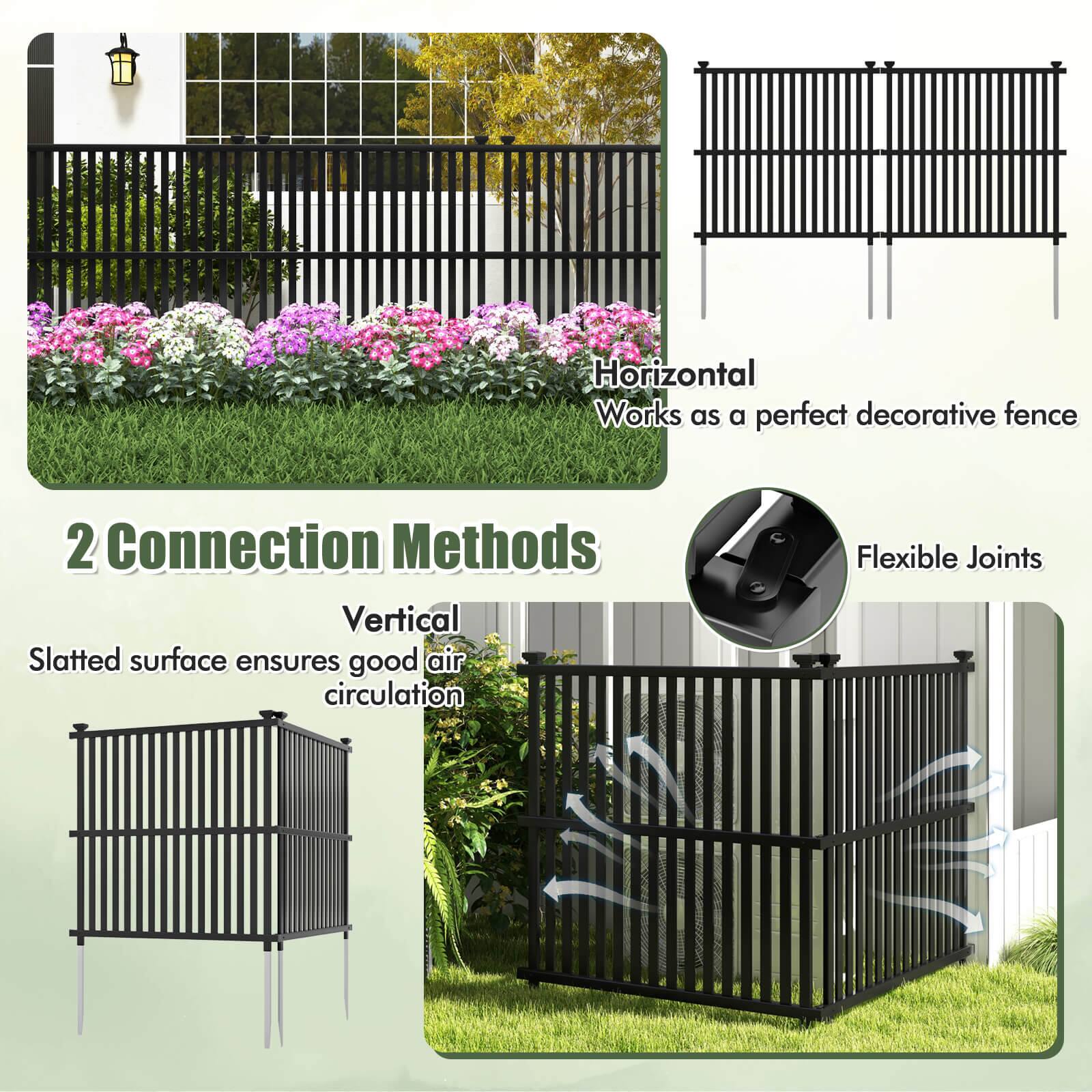 The image features a black iron fence with a slatted surface, which ensures good air circulation. The fence is designed to work as a perfect decorative fence, and it has two connection methods. Additionally, the fence has flexible joints, making it suitable for various terrains and installations.