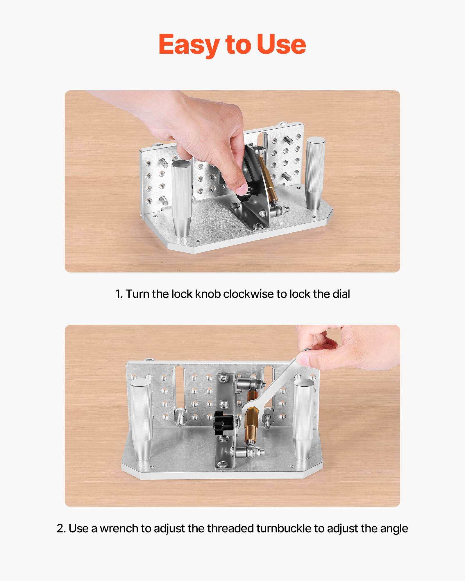 Easy to Use

1. Turn the lock knob clockwise to lock the dial

2. Use a wrench to adjust the threaded turnbuckle to adjust the angle