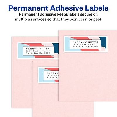 Permanent Adhesive Labels  
Permanent adhesive keeps labels secure on multiple surfaces so that they won't curl or peel.

BARRY-LYNETTE  
1919 Empire Ave.  
Anshein, CA 98066

BARRY-LYNETTE  
1919 Empire Ave.  
Anshein, CA 2806

BARRY-LYNETTE  
1919 Empire Ave.  
Anshein, CA