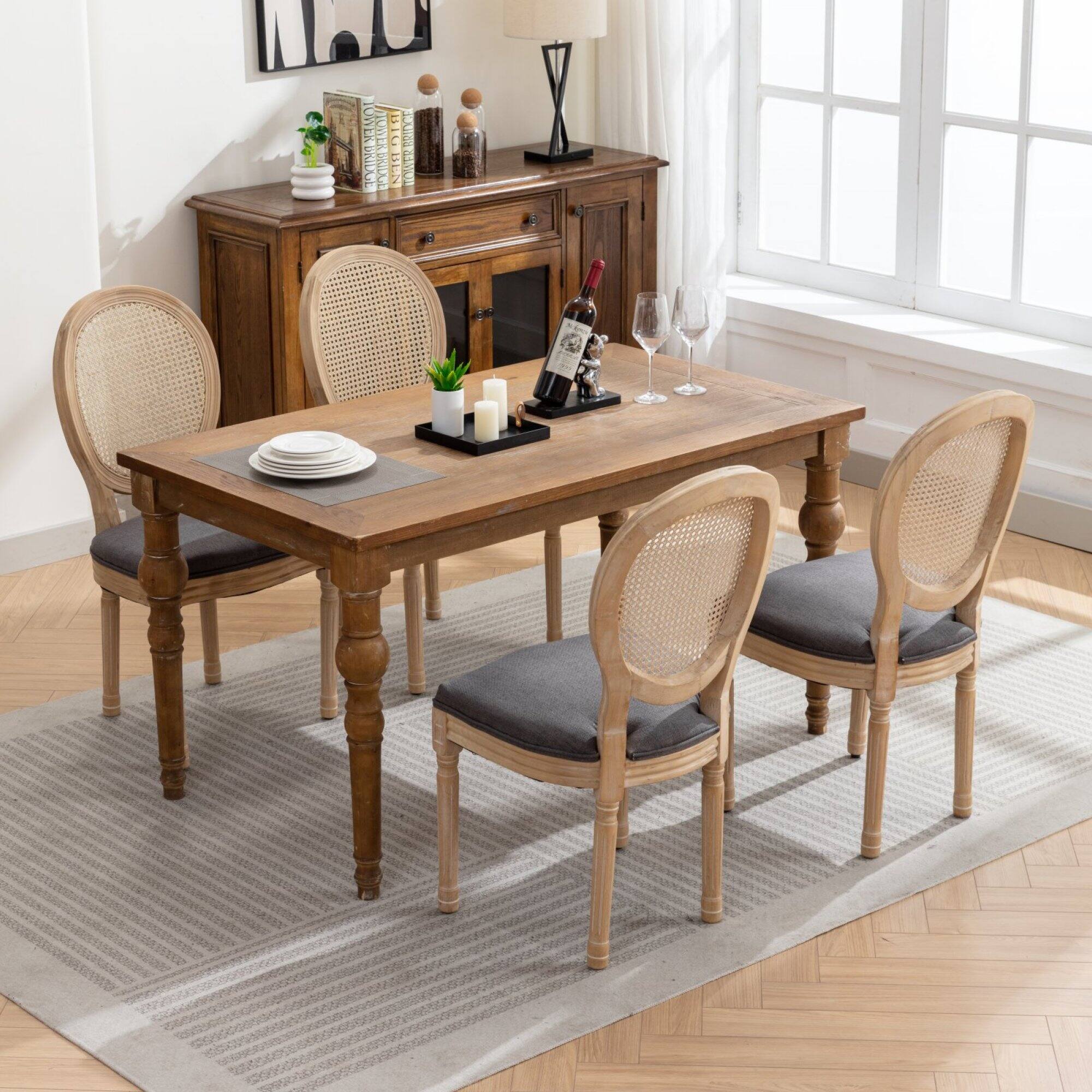 Alt View 9. GOODSILO - French Style Solid Wood Dining Chairs with Linen Upholstery and Rattan Backrest, Set of 2 - Gray.