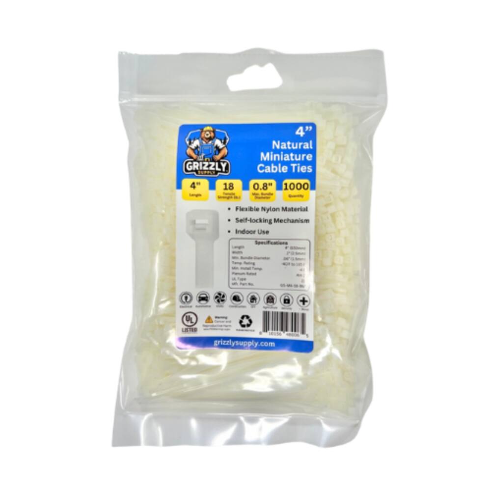 GRIZZLY SUPPLY 4" 18 So - " 4" Natural Miniature Cable Ties 0.8" 1000 - Flexible Nylon Material Self-locking Mechanism Indoor Use Specifications Log. Heting D Fe 1 + UL LISTER Note - grizzlysupply.com 1