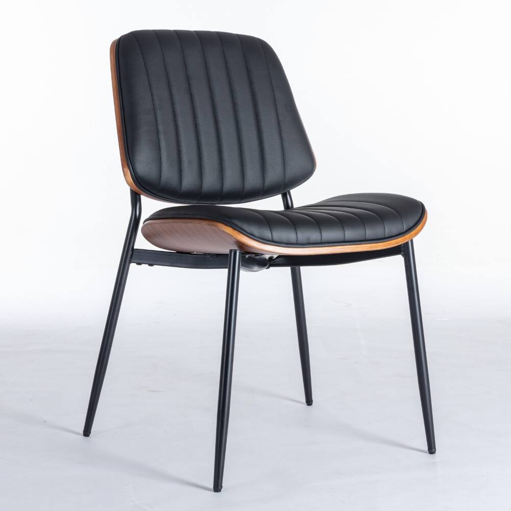Left. Loheer - Loheer Mid Century Modern Dining Chairs Set of 2 Walnut Bentwood Black Faux Leather - Black.