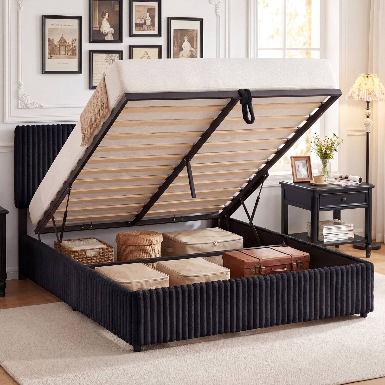 Alt View 9. Gymax - Gymax Queen Size Lift-up Storage Bed w/Hydraulic Lifts Wooden Slat Support Black - Black.