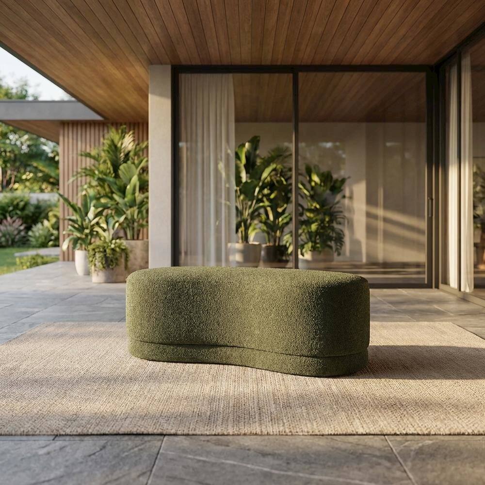 Angle. Outdoor Escape - Outdoor Upholstered Ottoman Bench In Neutral Fabric For Patio Use - Green.