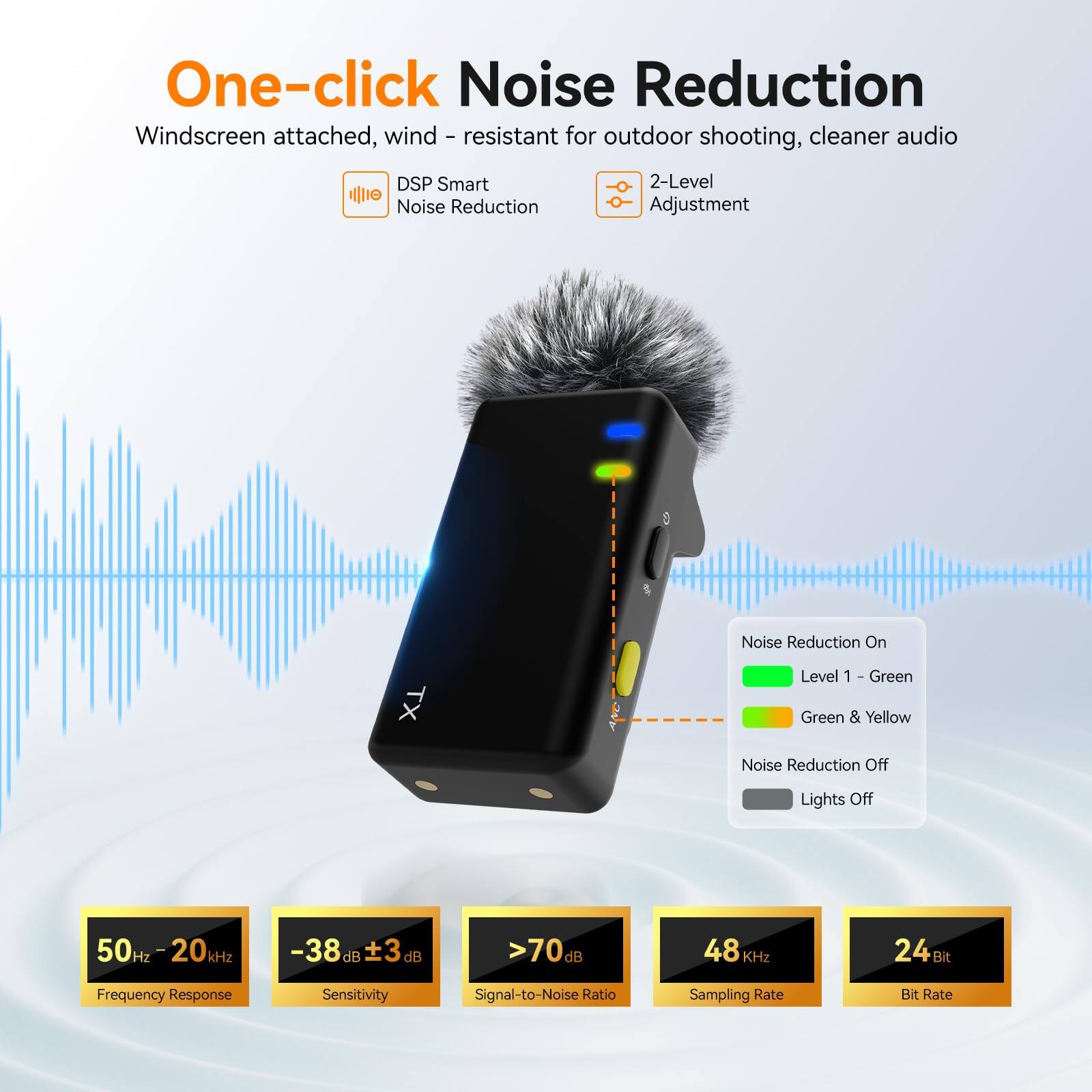 One-click Noise Reduction  
Windscreen attached, wind-resistant for outdoor shooting, cleaner audio  

- DSP Smart Noise Reduction  
- 2-Level Adjustment  

Noise Reduction On  
- Level 1 - Green  
- Green & Yellow  

Noise Reduction Off  
- Lights Off  

Frequency Response: 50 Hz - 20 kHz  
Sensitivity: -38 dB ± 3 dB  
Signal-to-Noise Ratio: >70 dB  
Sampling Rate: 48 kHz  
Bit Rate: 24 Bit