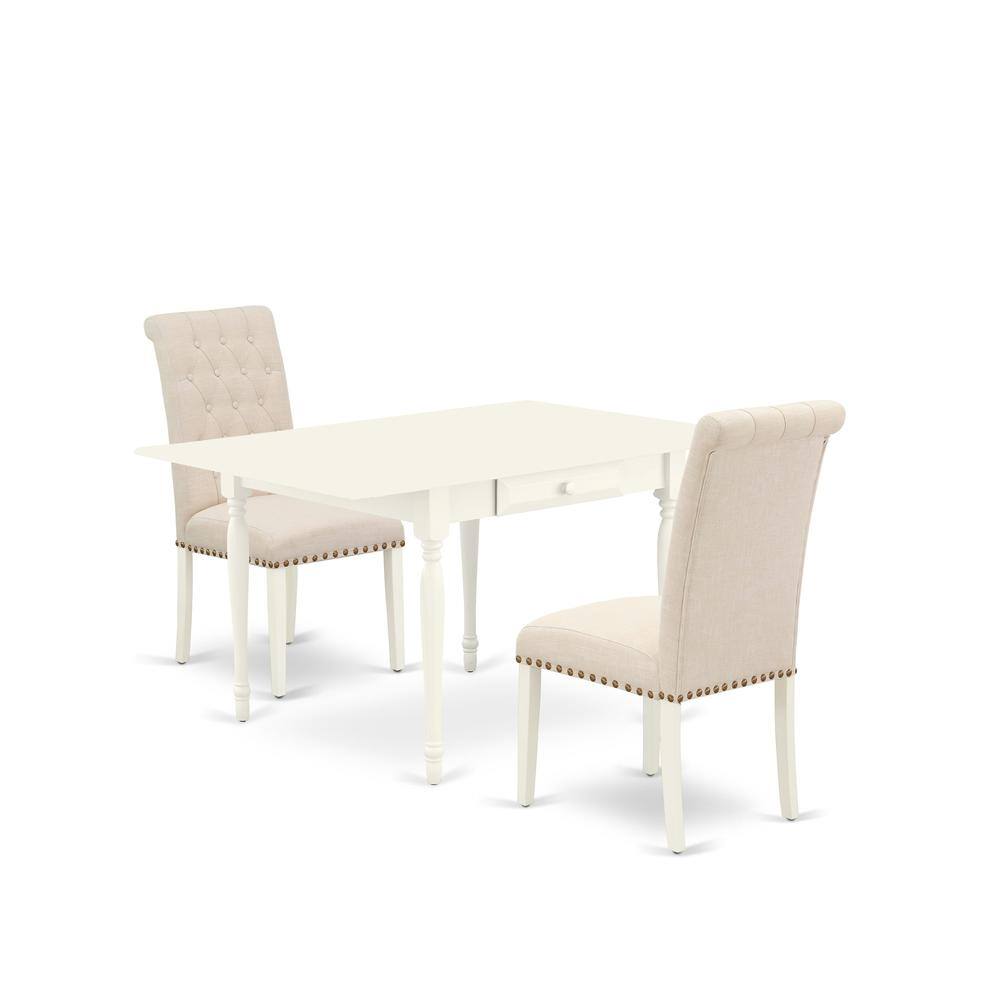 Alt View 3. East West Furniture - 1MZBR3-LWH-02 3Pc Dining Table Set Contains a Kitchen Table and 2 Parsons Chairs with Light Beige Color Linen Fabric - Linen White.