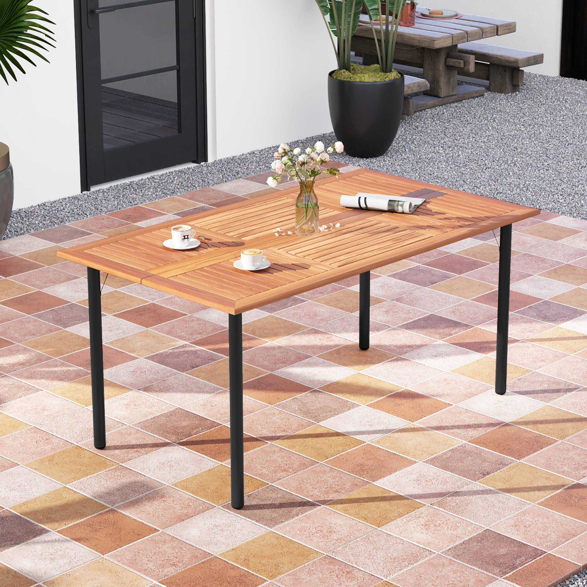 Alt View 1. Gymax - Gymax Rectangular Acacia Wood Dining Table w/ 1.9'' Umbrella Hole Patio Natural & Black - Natural, Black.