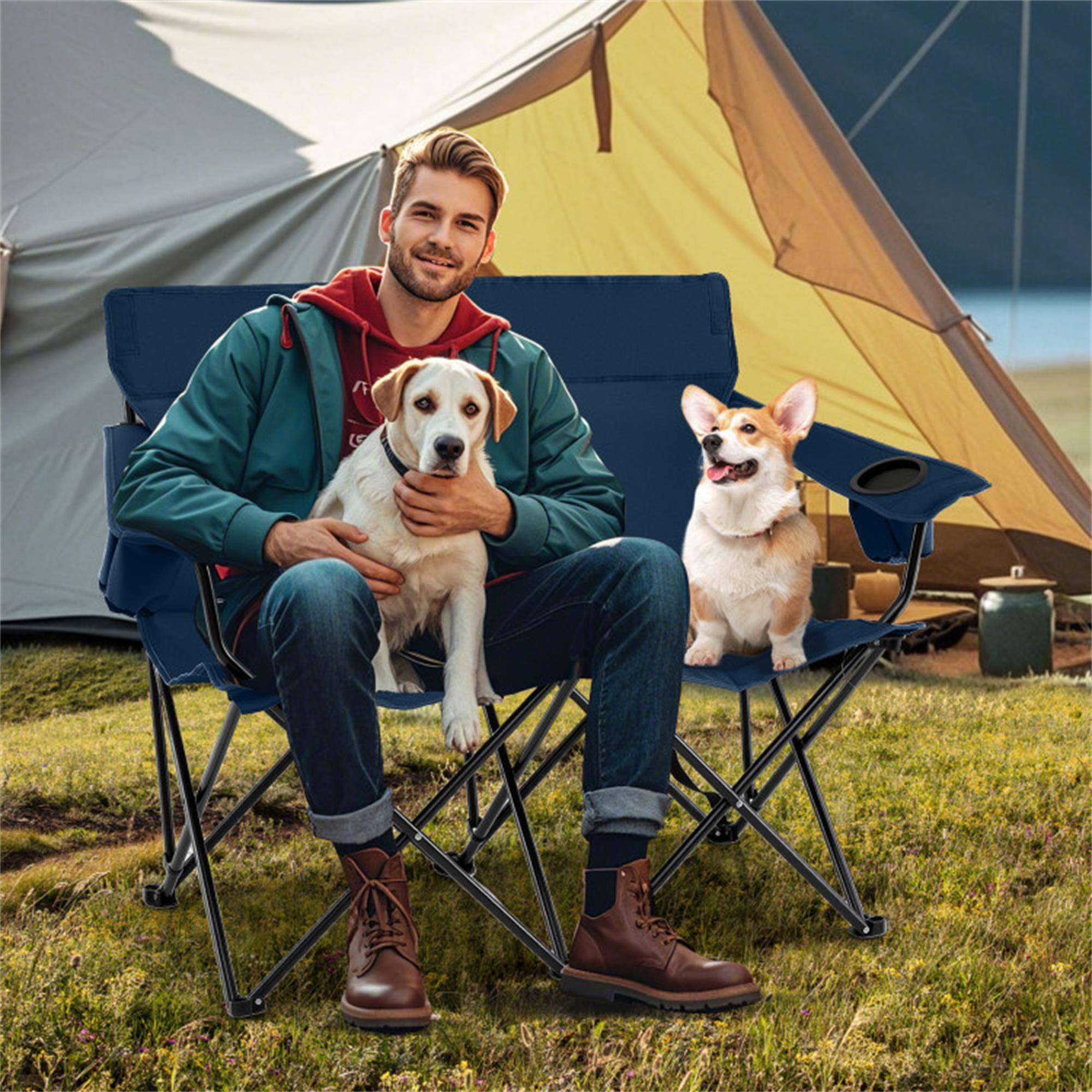 Alt View 1. Boyel Living - Blue 2-Person Double Folding Camping Chair 52.0-in L x 38.0-in W x 26.0-in H with Cup Holders - Blue.
