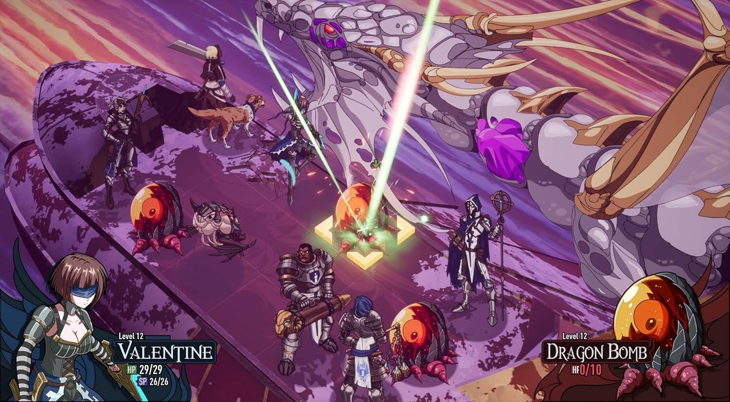 Level 12 VALENTINE  
HP 29/29  
SP 26/26  

Level 12 DRAGON BOMB  
HF 0/10