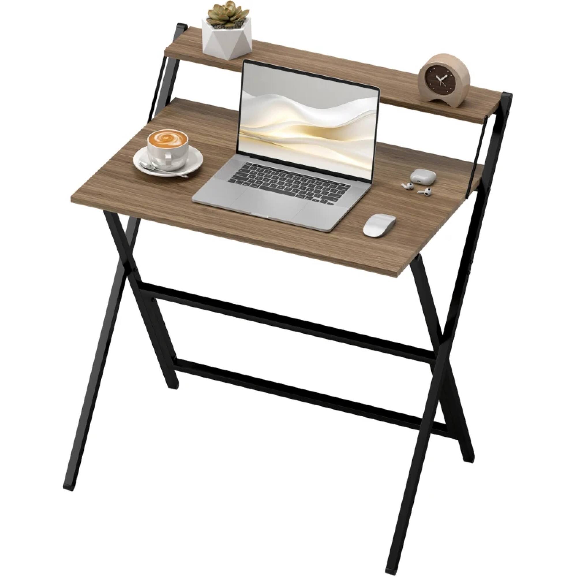 Angle. GOODSILO - 32-Inch Foldable Computer Desk with Monitor Shelf - Space-Saving Workstation for Small Spaces - Black,Walnut.