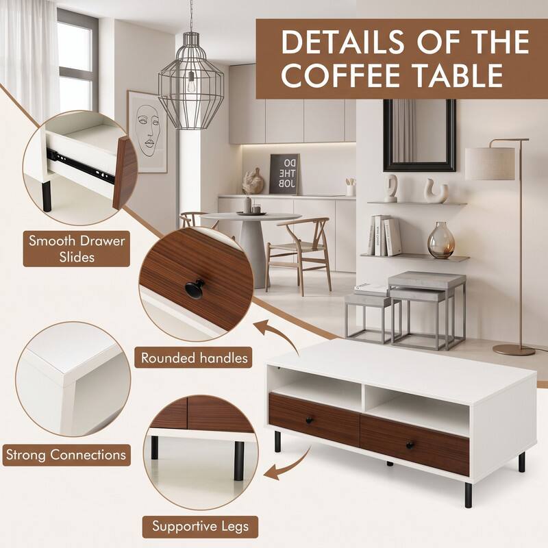 DETAILS OF THE COFFEE TABLE

- Smooth Drawer Slides
- Rounded handles
- Strong Connections
- Supportive Legs