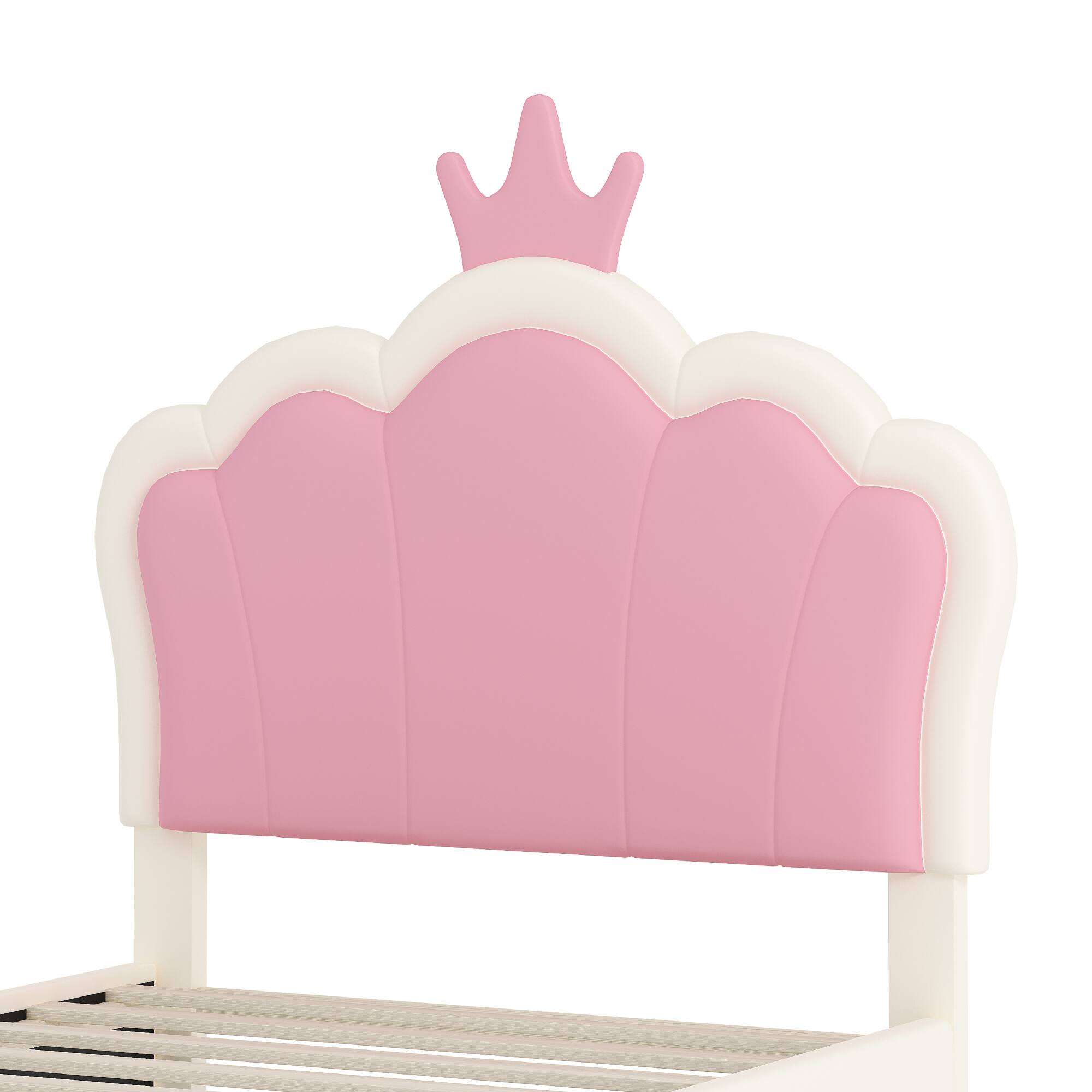 Alt View 4. GOODSILO - Twin Size Crown Headboard Upholstered Platform Bed with Headboard and Footboard for Girls Bedroom - Cream.