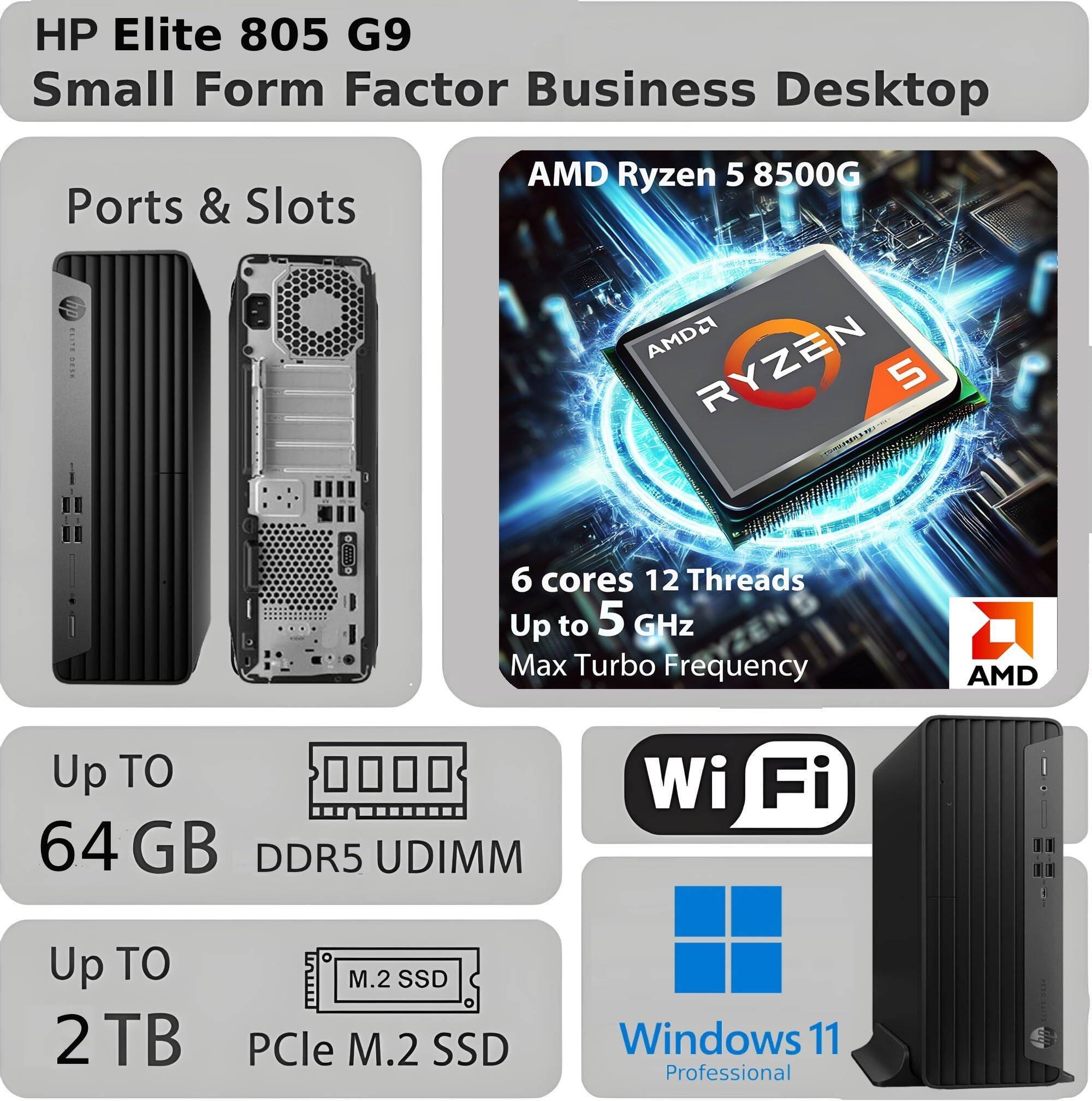HP Elite 805 G9 Small Form Factor Business Desktop

Ports & Slots

AMD Ryzen 5 8500G  
6 cores 12 Threads  
Up to 5 GHz Max Turbo Frequency

Up to 64 GB DDR5 UDIMM

Up to 2 TB PCIe M.2 SSD

Wi-Fi

Windows 11 Professional