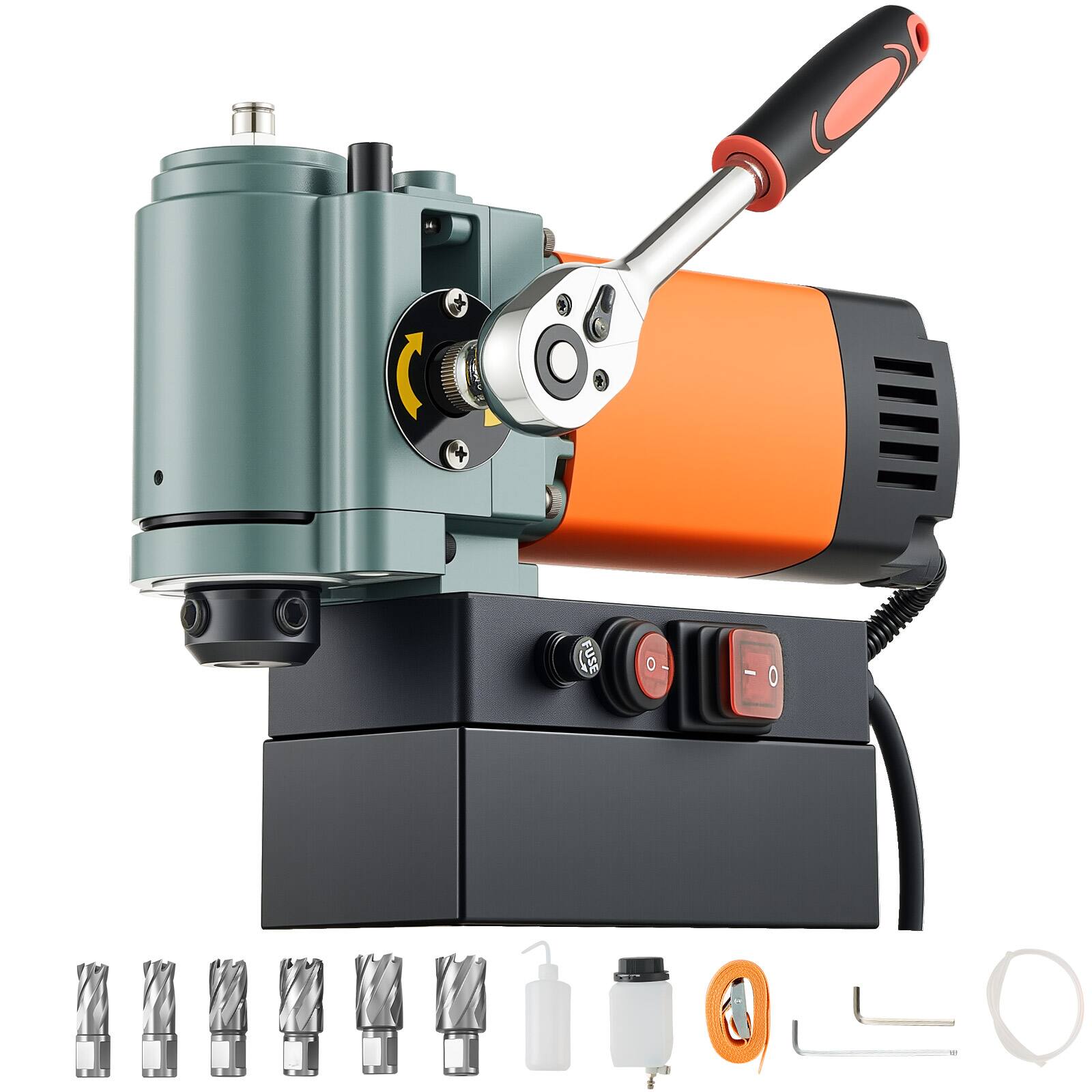 Front. VEVOR - Low Profile Magnetic Drill Press, 1300 W, 1.4 in Boring Diameter, 2248 lbf Power Portable Mag Drill Press, 650RPM Speed - Orange;Black.